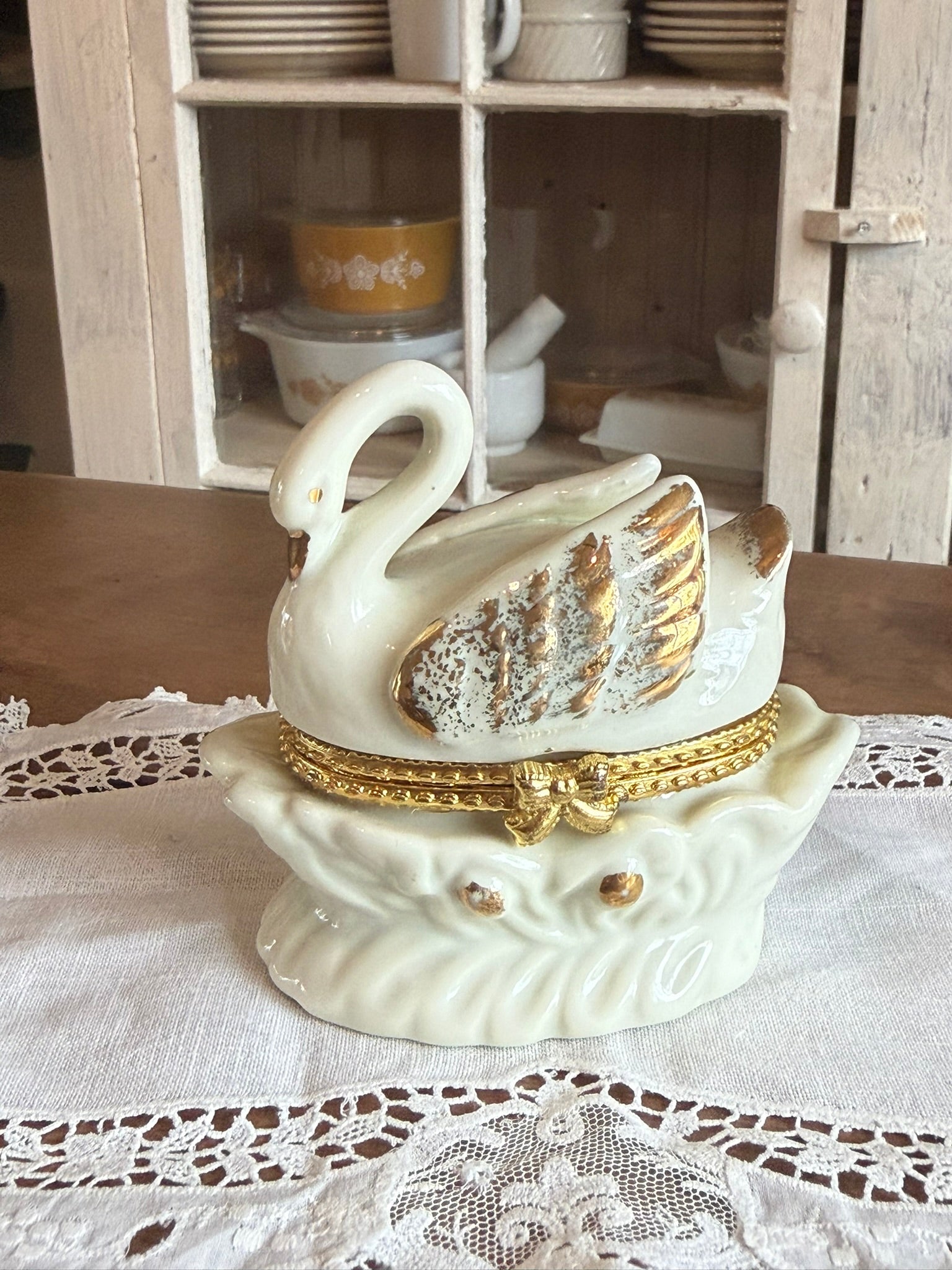 Porcelain Vintage Formalities by Baum Bros. Swan Trinket Box– Hinged Jewelry Box with Gold Gilt Accents
