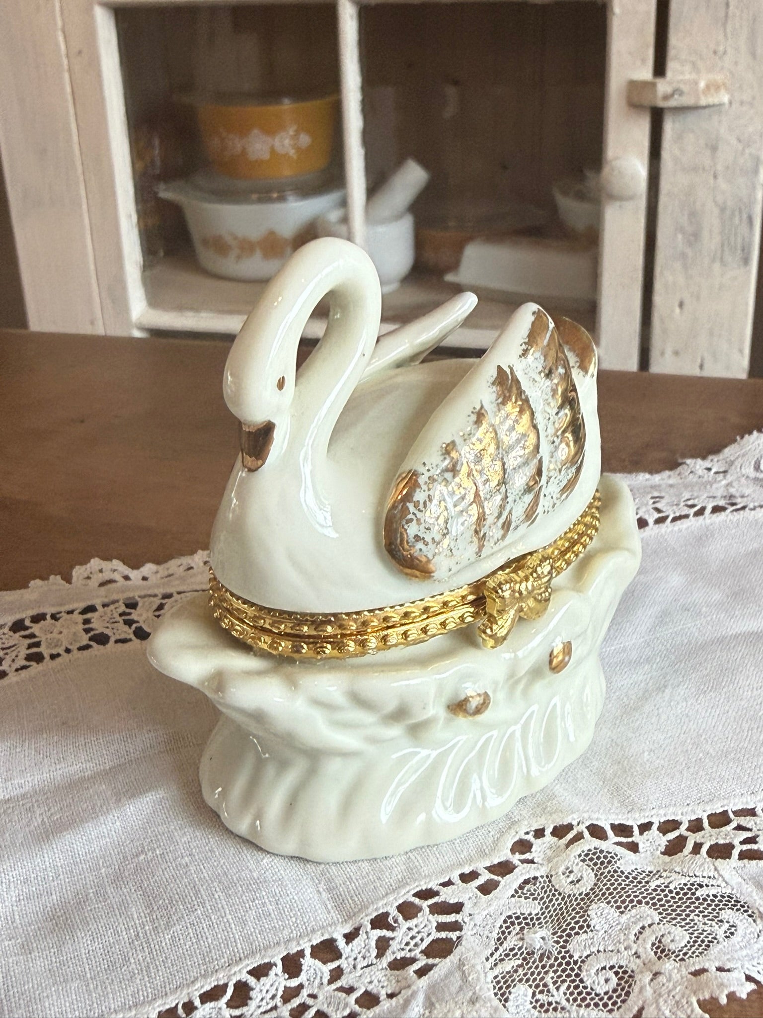 Porcelain Vintage Formalities by Baum Bros. Swan Trinket Box– Hinged Jewelry Box with Gold Gilt Accents