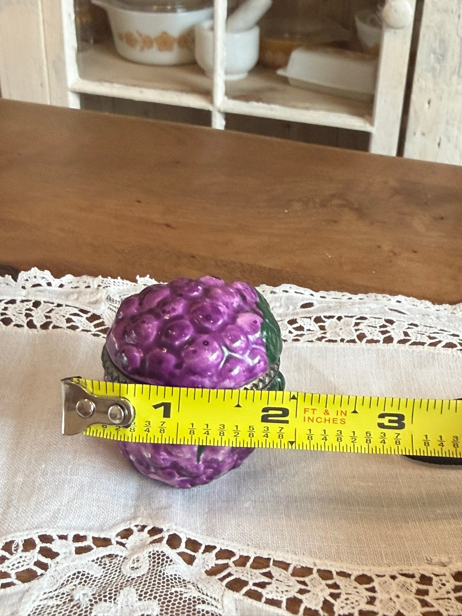 Purple Grape Cluster Hinged Porcelain Trinket Box 1980's - Brass Trim