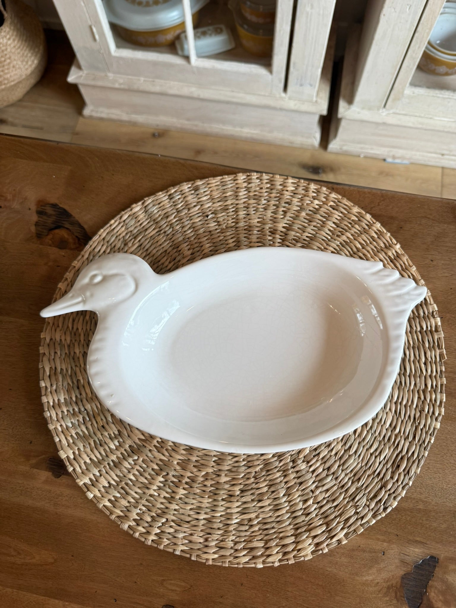White Ceramic Duck Shaped Vintage Serving Bowl | Farmhouse Cottagecore Platter