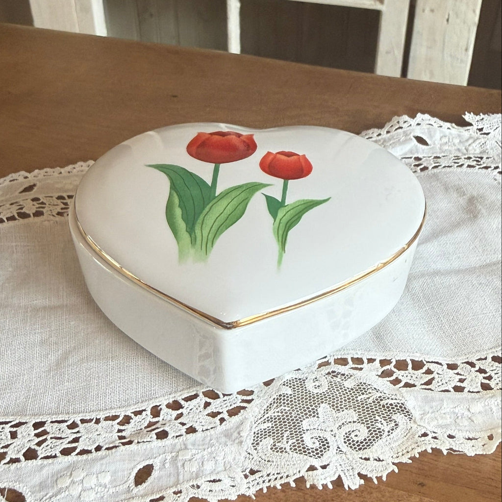 Otagiri Vintage Heart-Shaped Porcelain Tulip Trinket Box