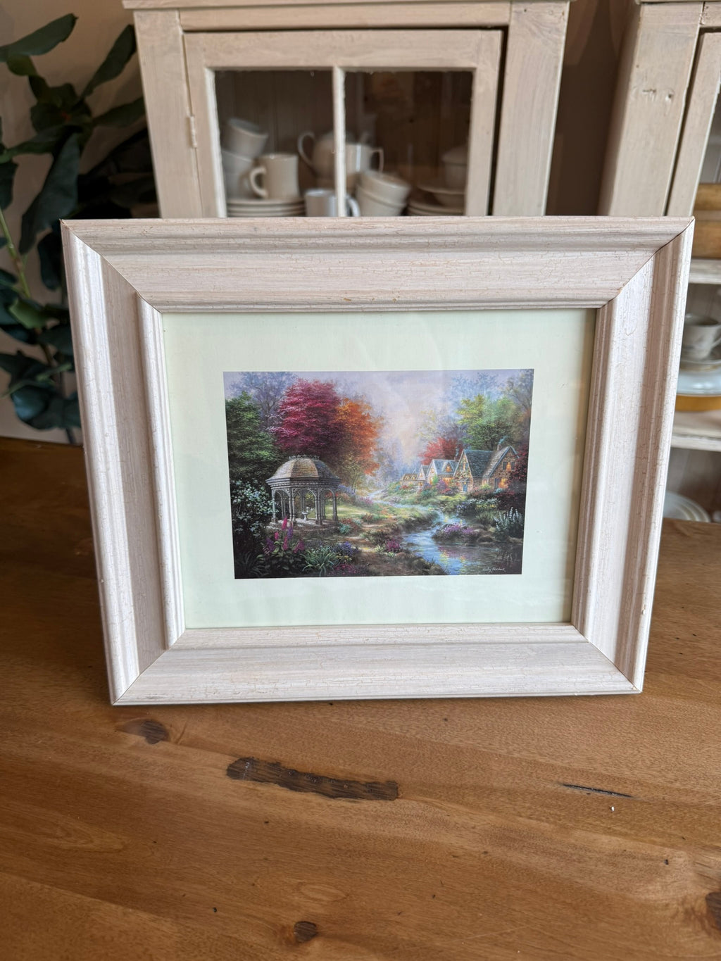 Nicky Boehme "Gazebo Village" Framed Art – Idyllic Cottage Scene, White Wood Frame
