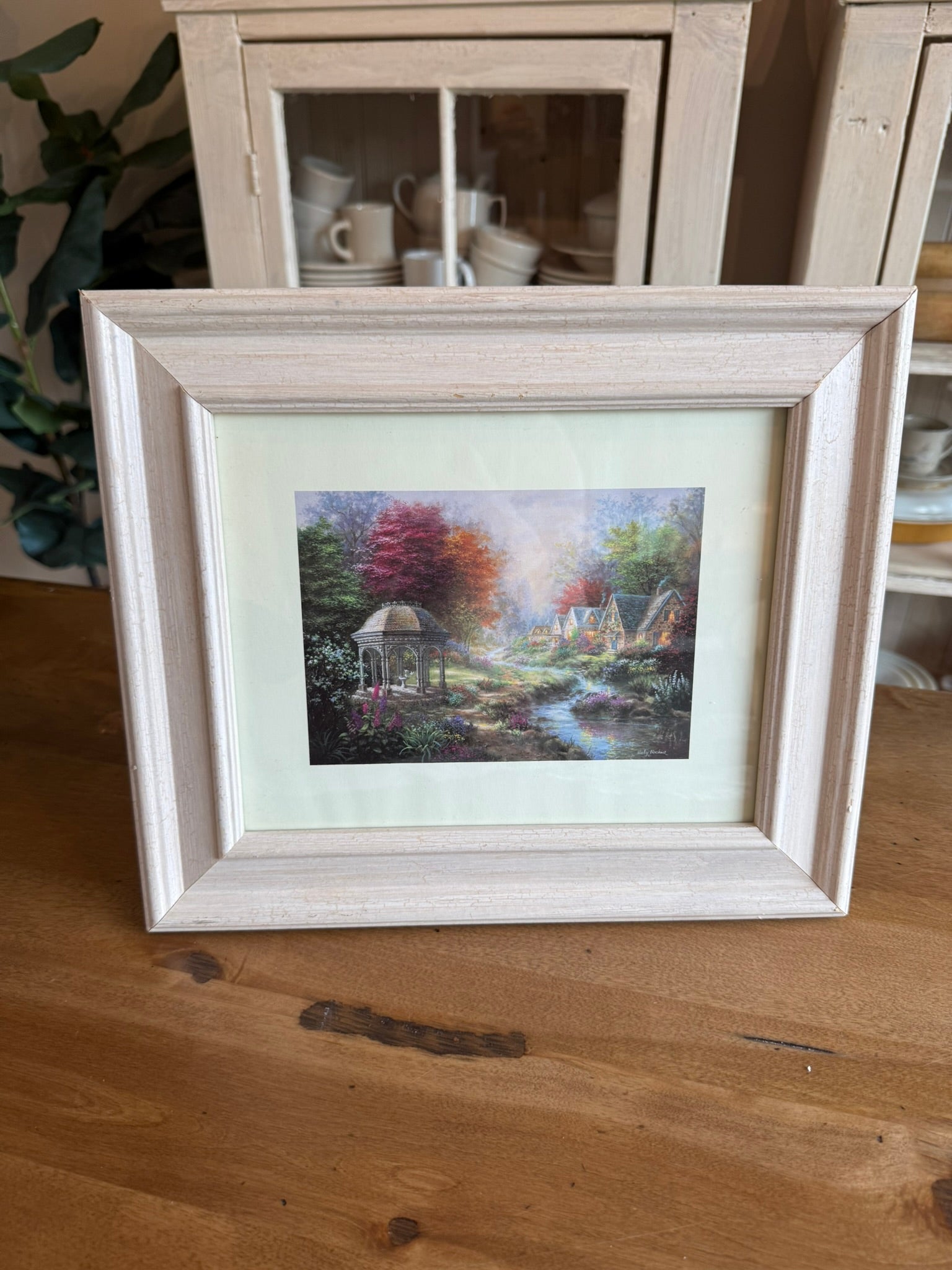 Nicky Boehme "Gazebo Village" Framed Art – Idyllic Cottage Scene, White Wood Frame