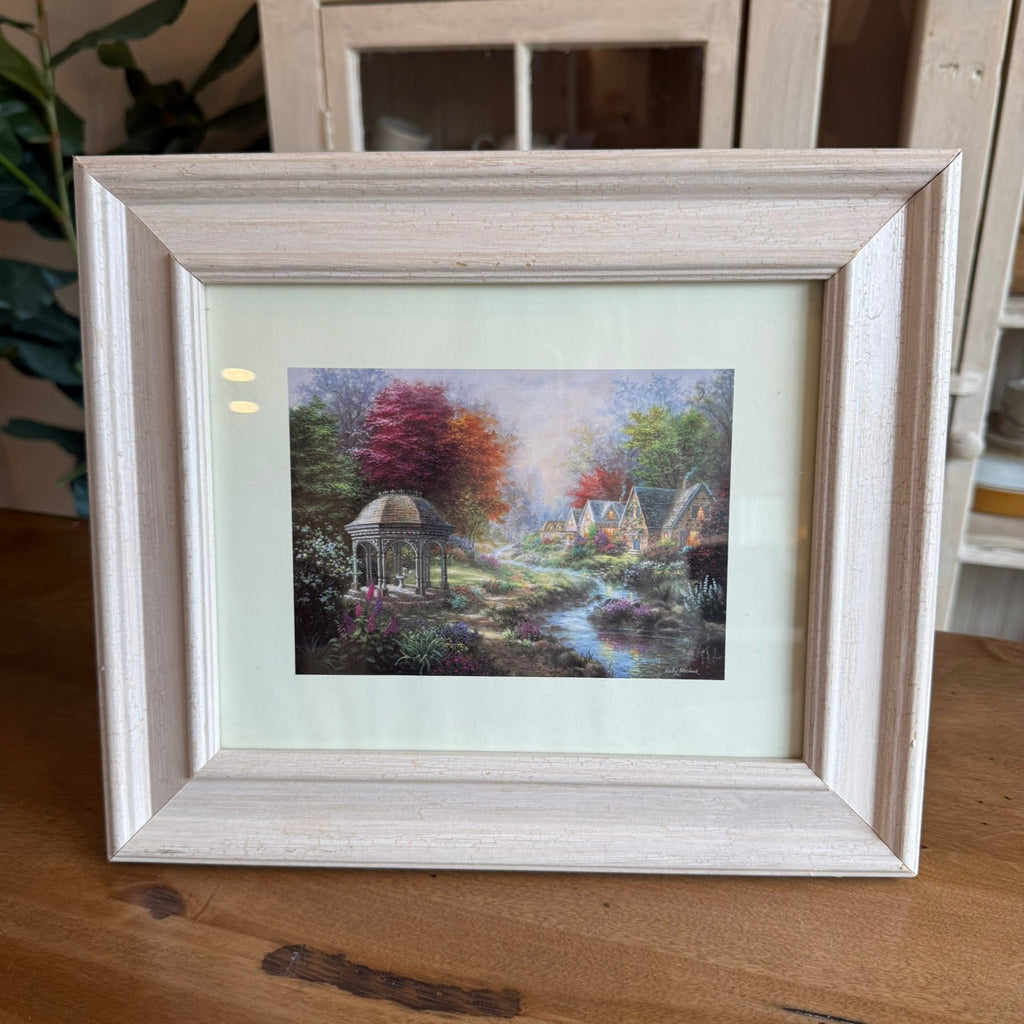 Nicky Boehme "Gazebo Village" Framed Art – Idyllic Cottage Scene, White Wood Frame