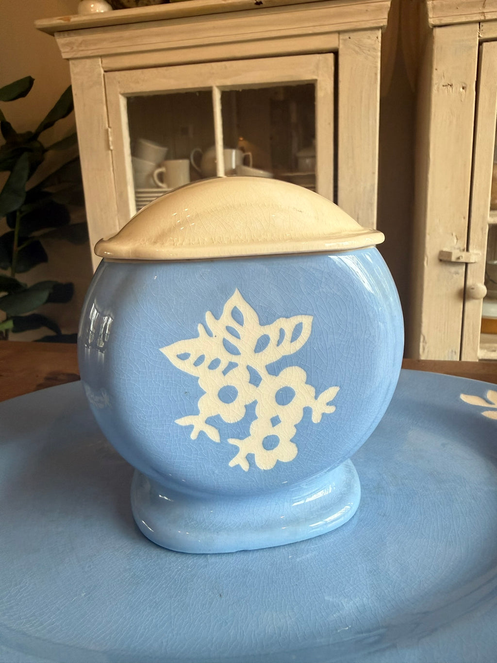 Harker Cameoware Vintage Blue & White Floral Grease Jar with Lid and Matching Platter