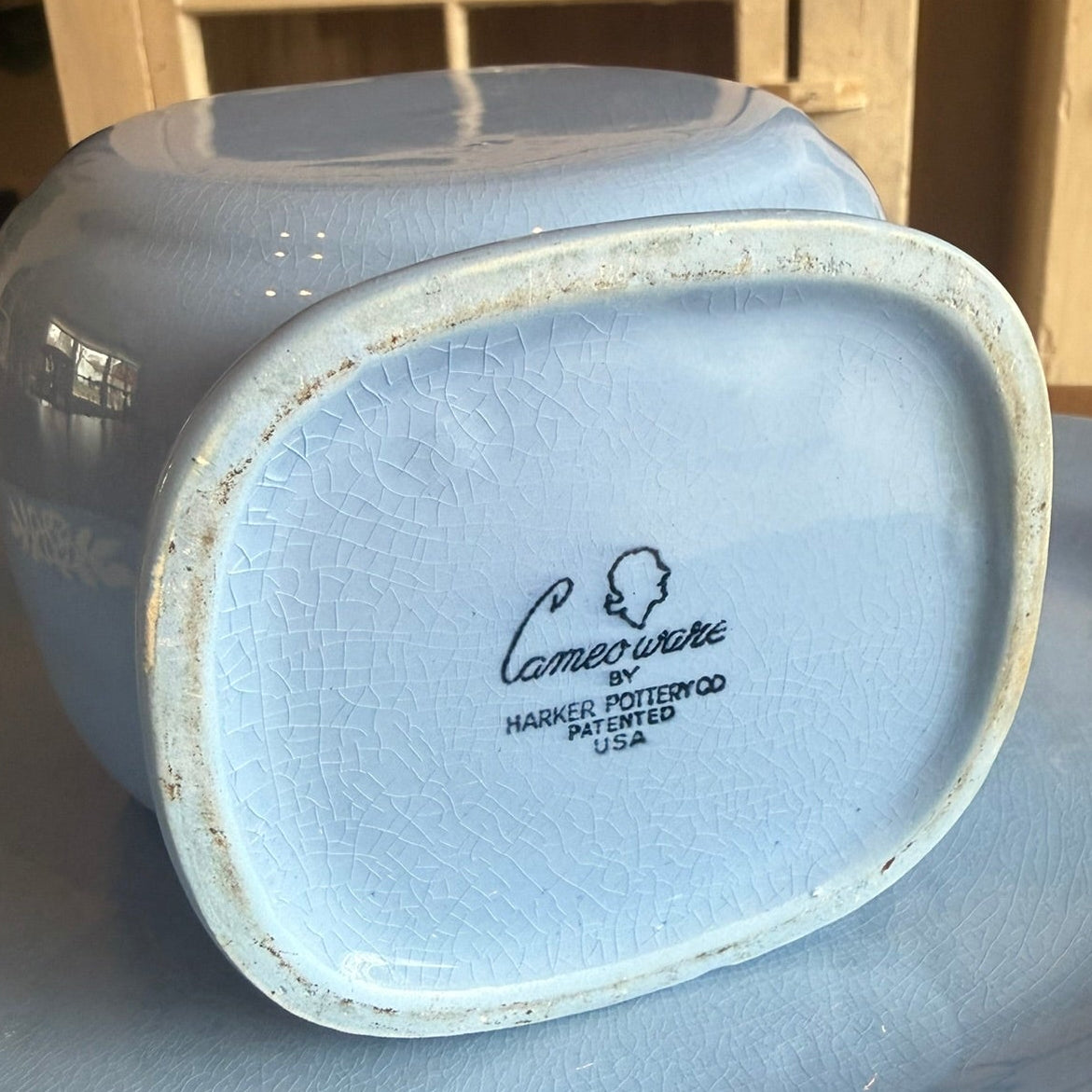 Harker Cameoware Vintage Blue & White Floral Grease Jar with Lid and Matching Platter