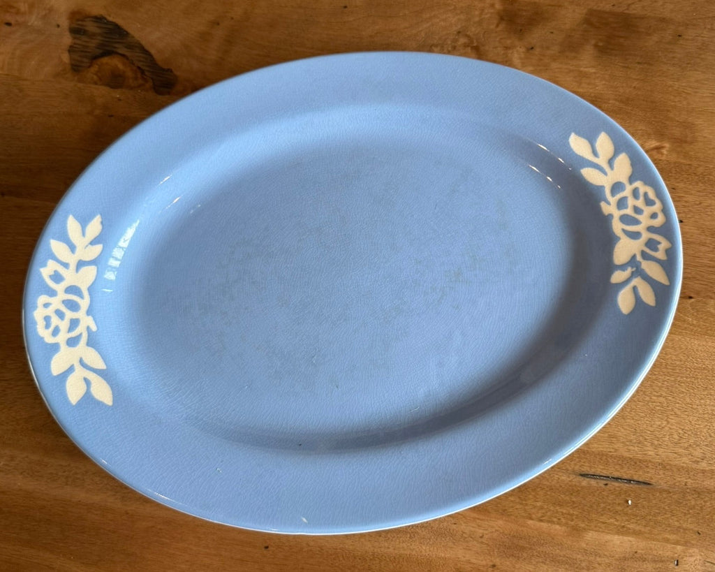 Harker Cameoware Vintage Blue & White Floral Grease Jar with Lid and Matching Platter