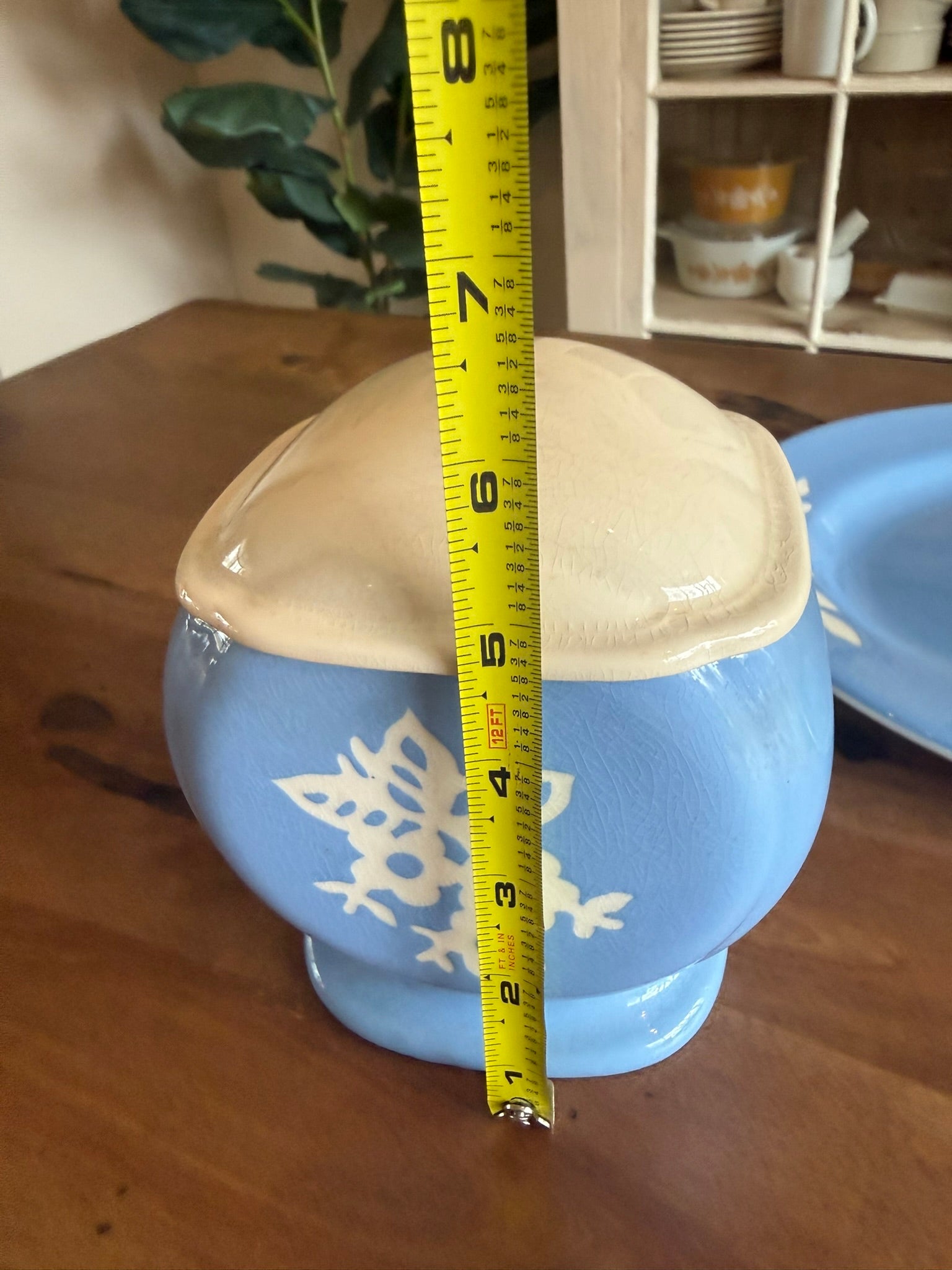 Harker Cameoware Vintage Blue & White Floral Grease Jar with Lid and Matching Platter