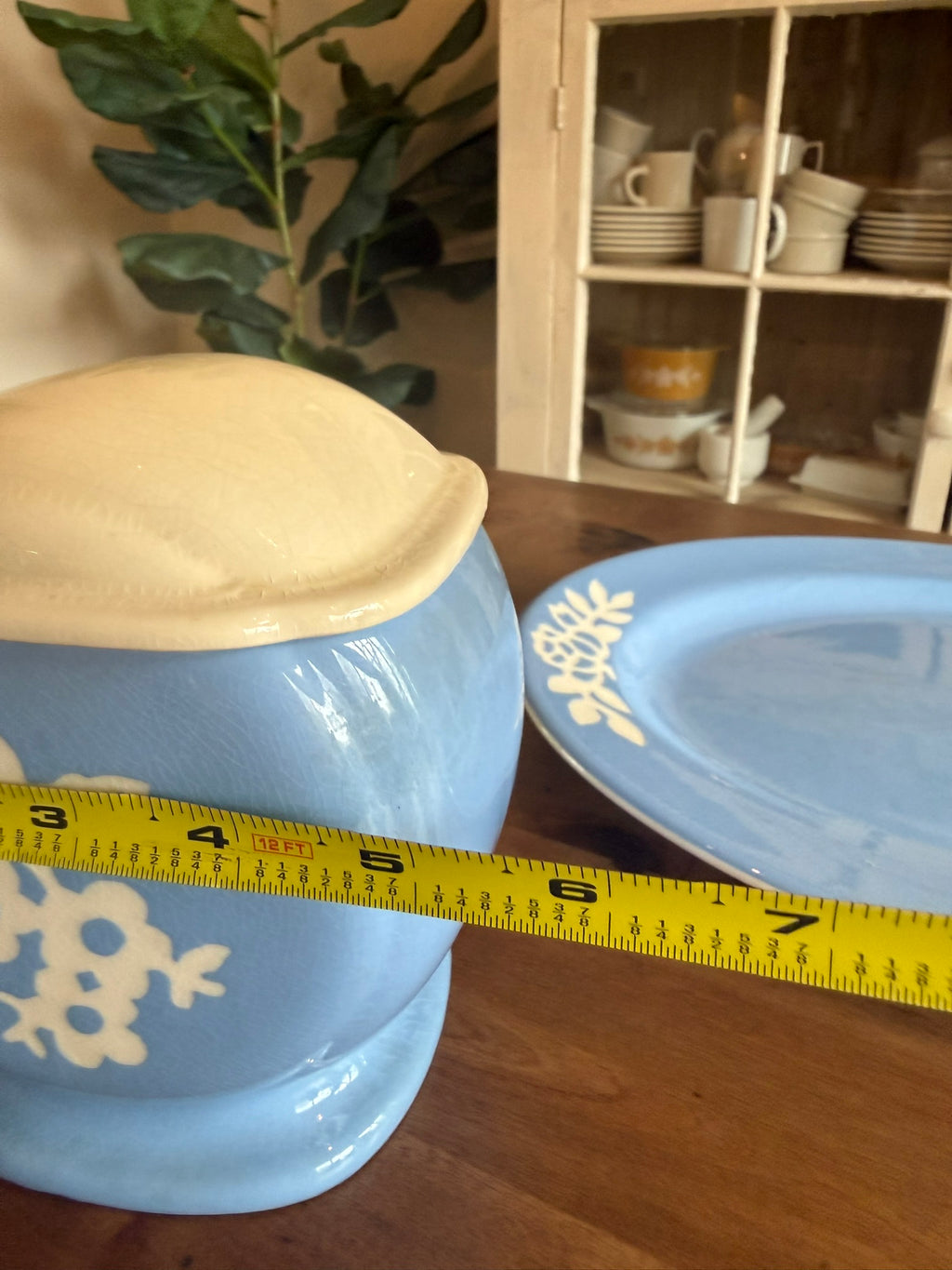 Harker Cameoware Vintage Blue & White Floral Grease Jar with Lid and Matching Platter