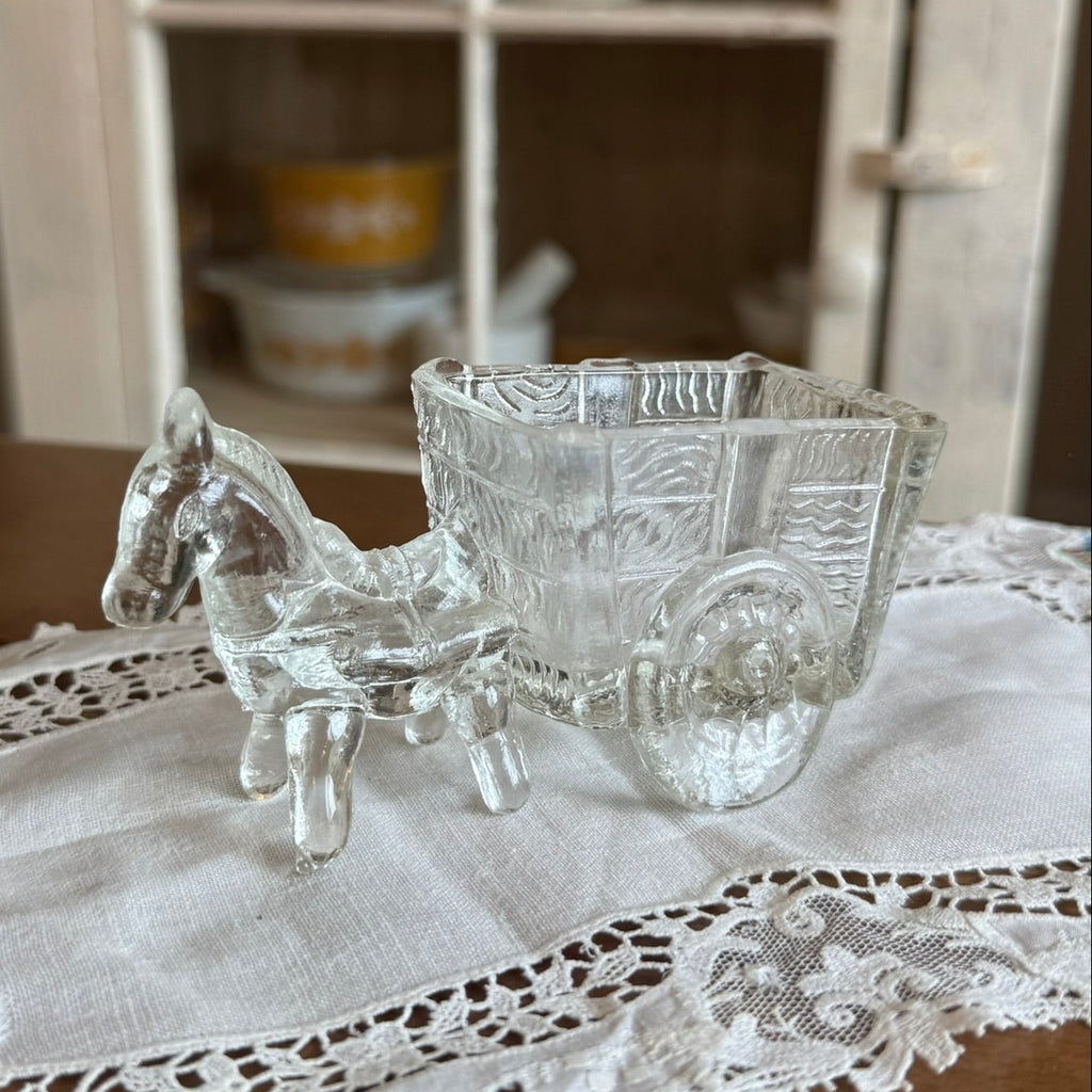 Jeannette Vintage Glass Donkey and Cart – Clear Pressed Glass Figurine