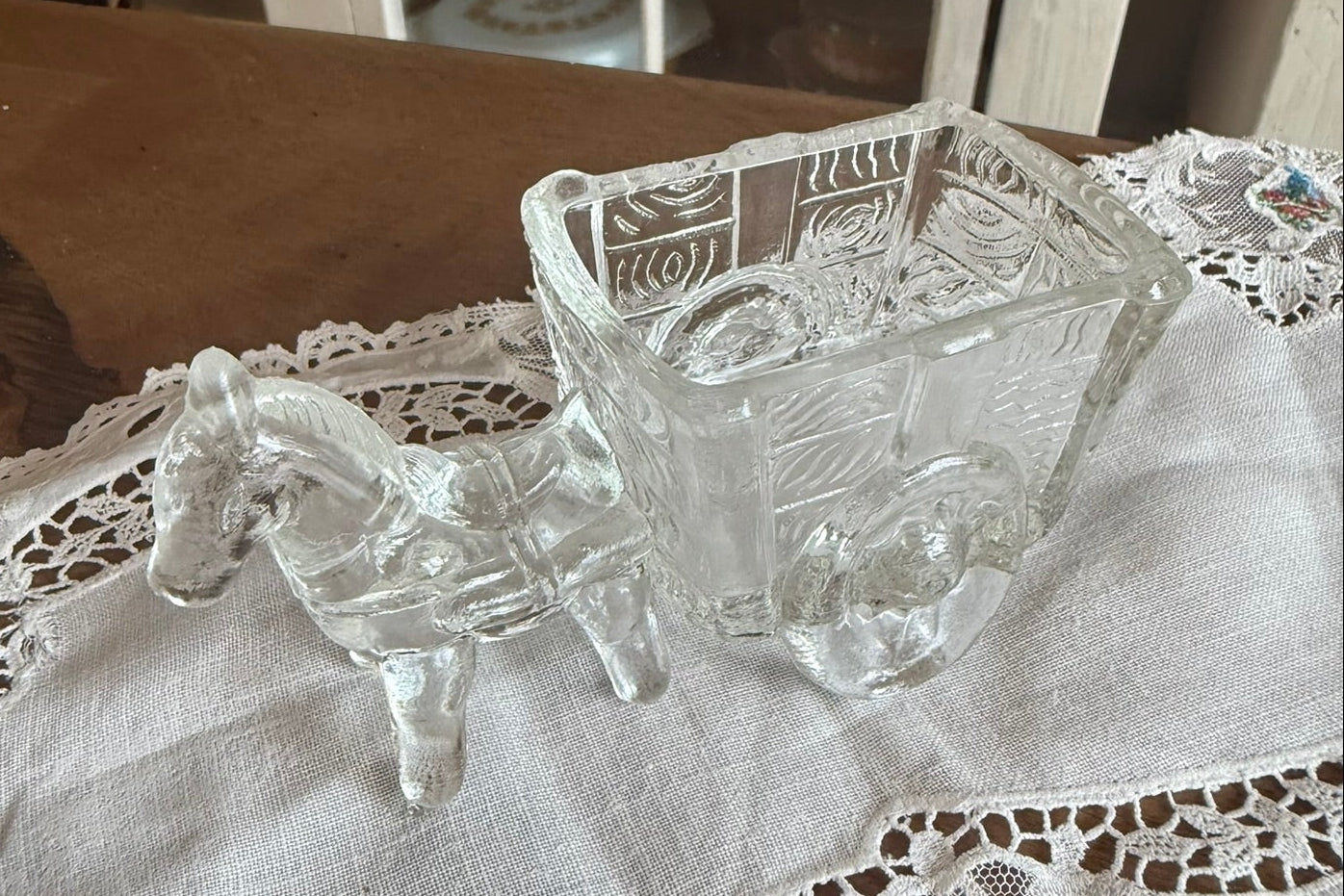 Jeannette Vintage Glass Donkey and Cart – Clear Pressed Glass Figurine