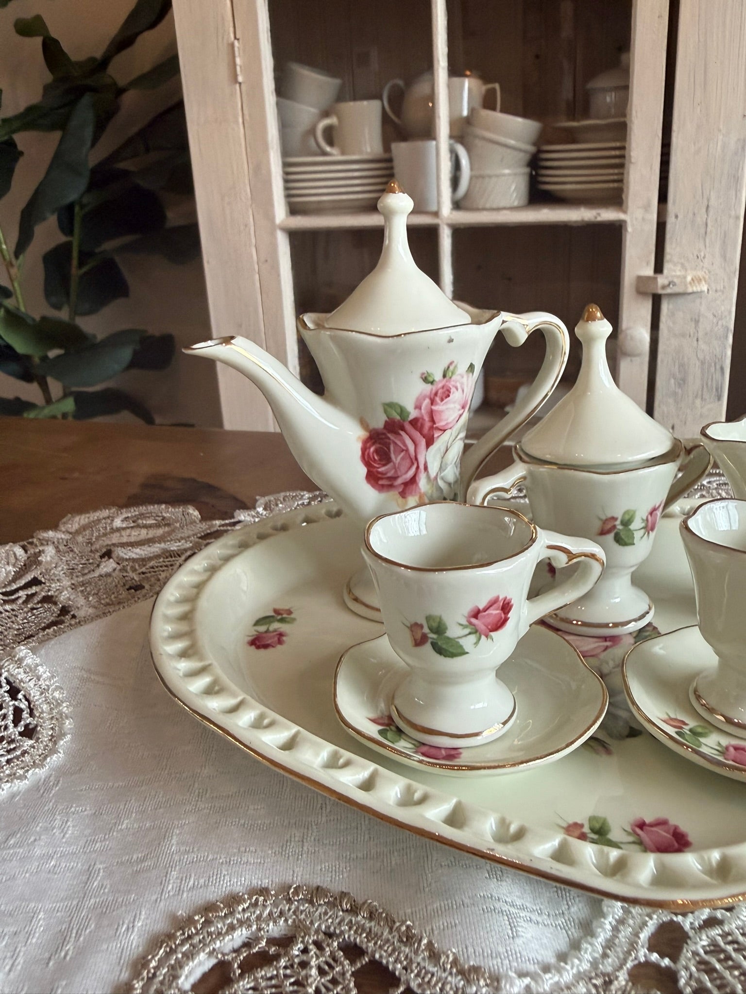 Porcelain Miniature Vintage Tea Set and Serving Tray - Floral with Gold Trim