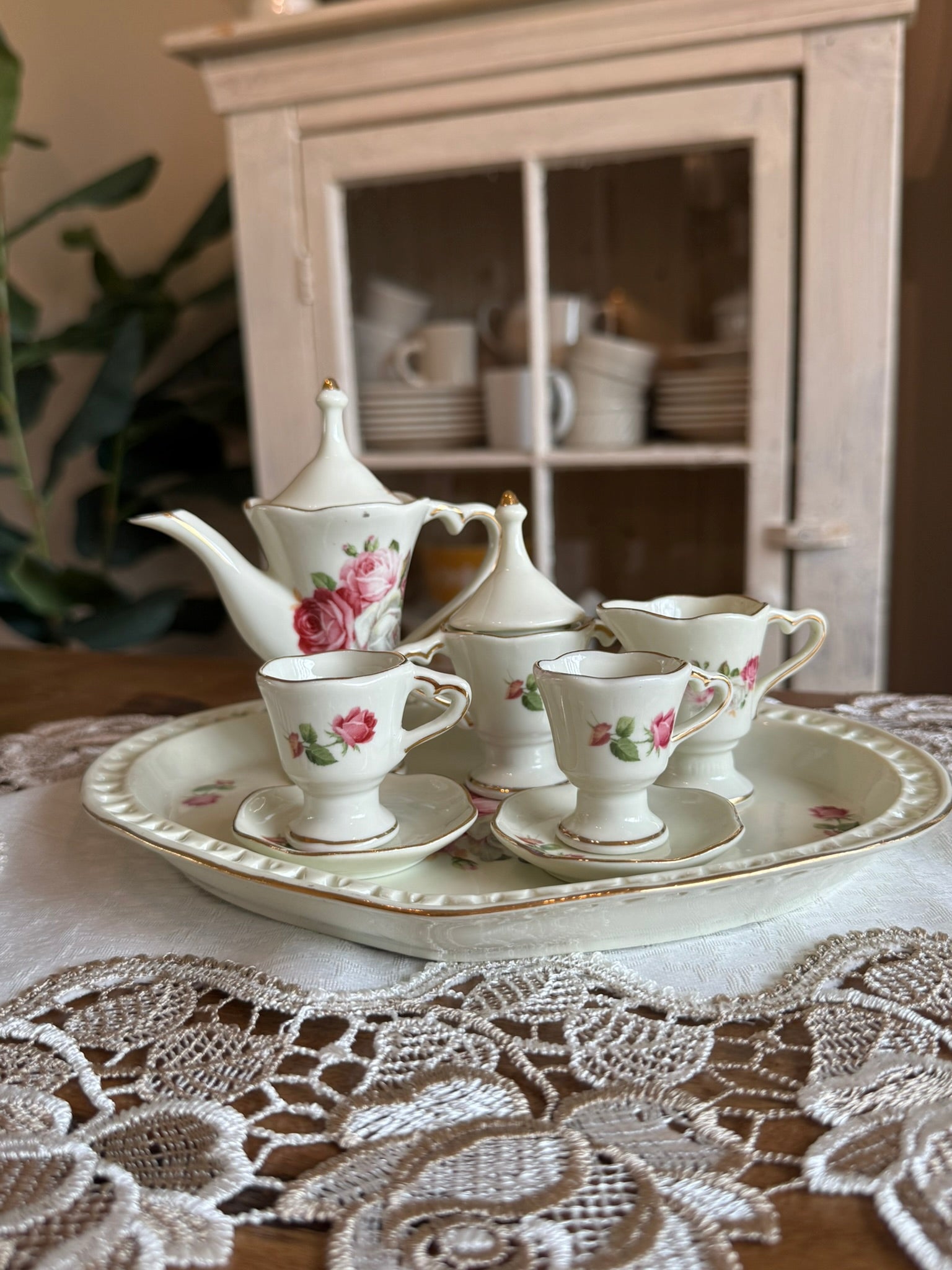 Porcelain Miniature Vintage Tea Set and Serving Tray - Floral with Gold Trim
