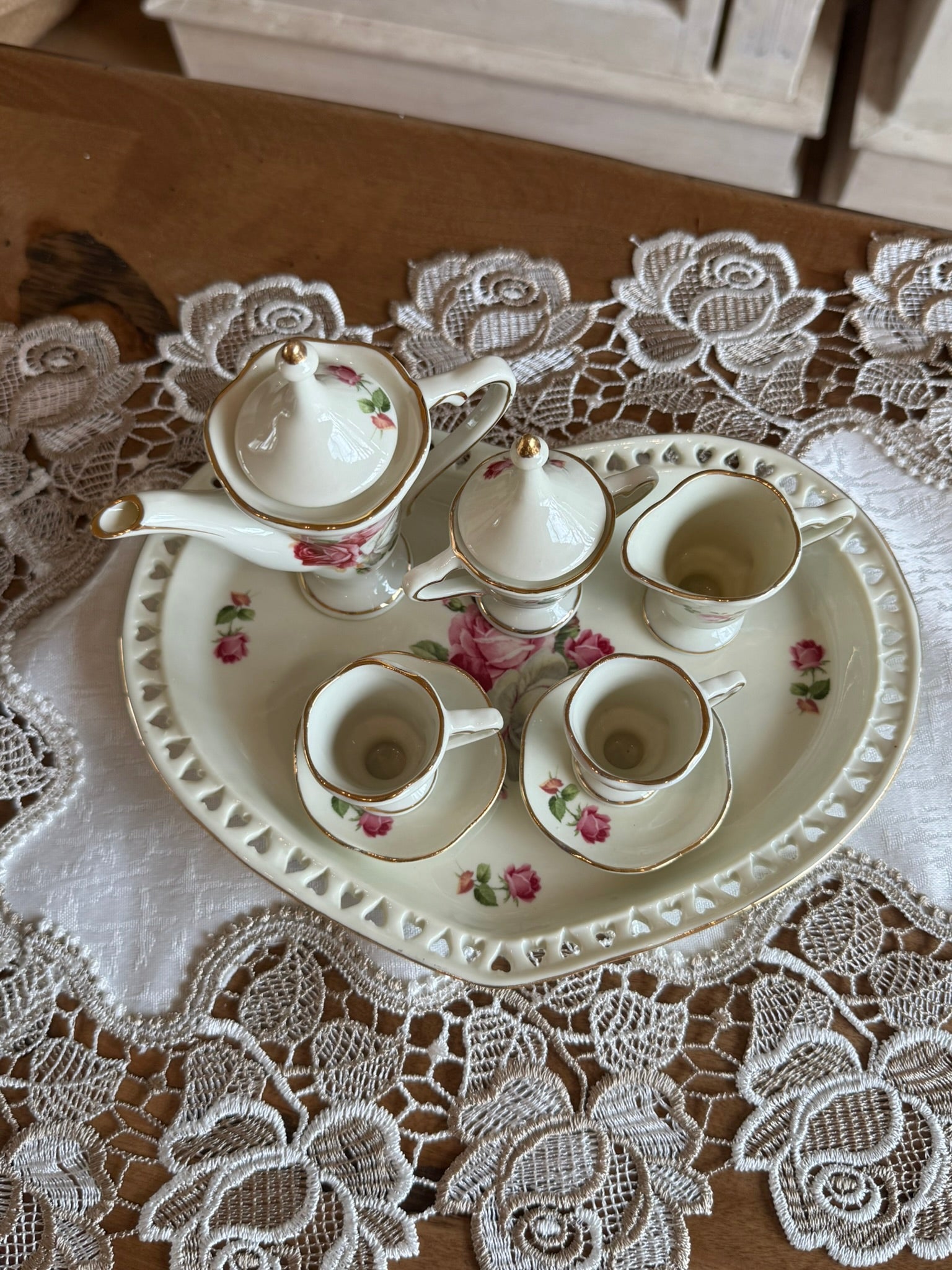 Porcelain Miniature Vintage Tea Set and Serving Tray - Floral with Gold Trim