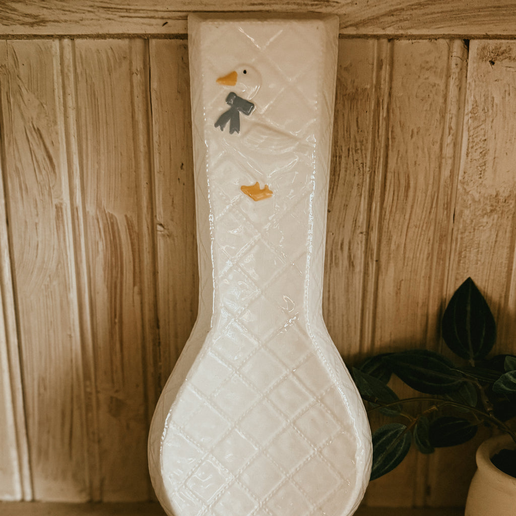 White Quilted Texture Goose Spoon Rest with Blue Bow – Vintage Farmhouse Ceramic