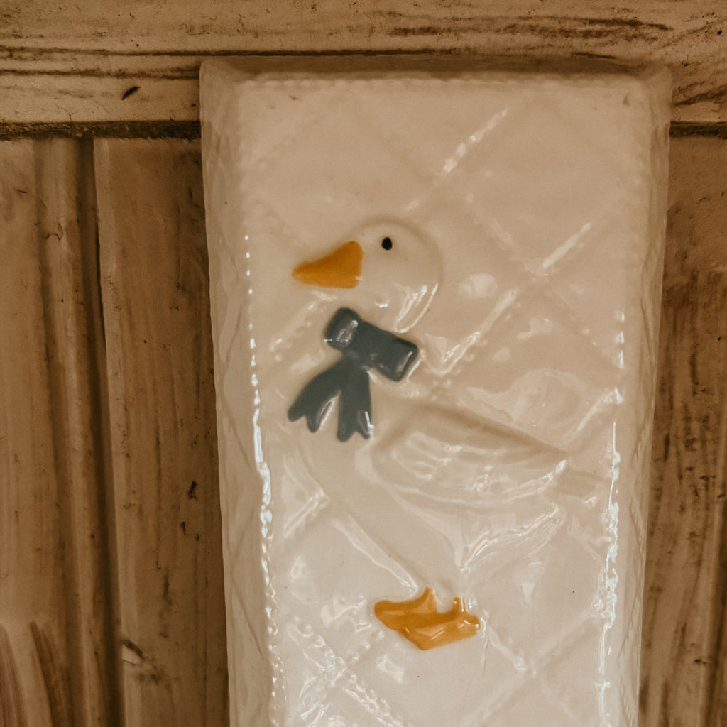 White Quilted Texture Goose Spoon Rest with Blue Bow – Vintage Farmhouse Ceramic