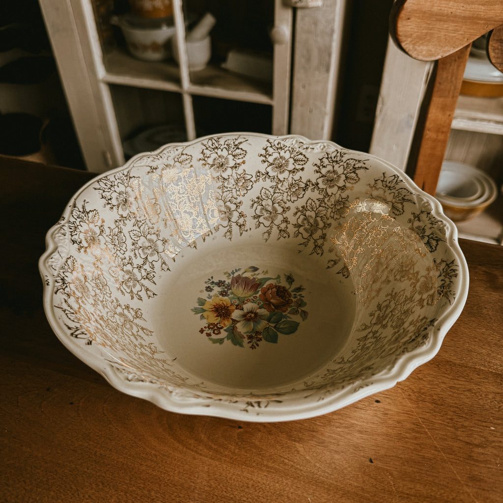 Stetson China Co. Vintage Floral Serving Bowl - 22K Gold Filigree & Scalloped Edge