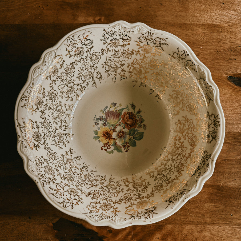 Stetson China Co. Vintage Floral Serving Bowl - 22K Gold Filigree & Scalloped Edge