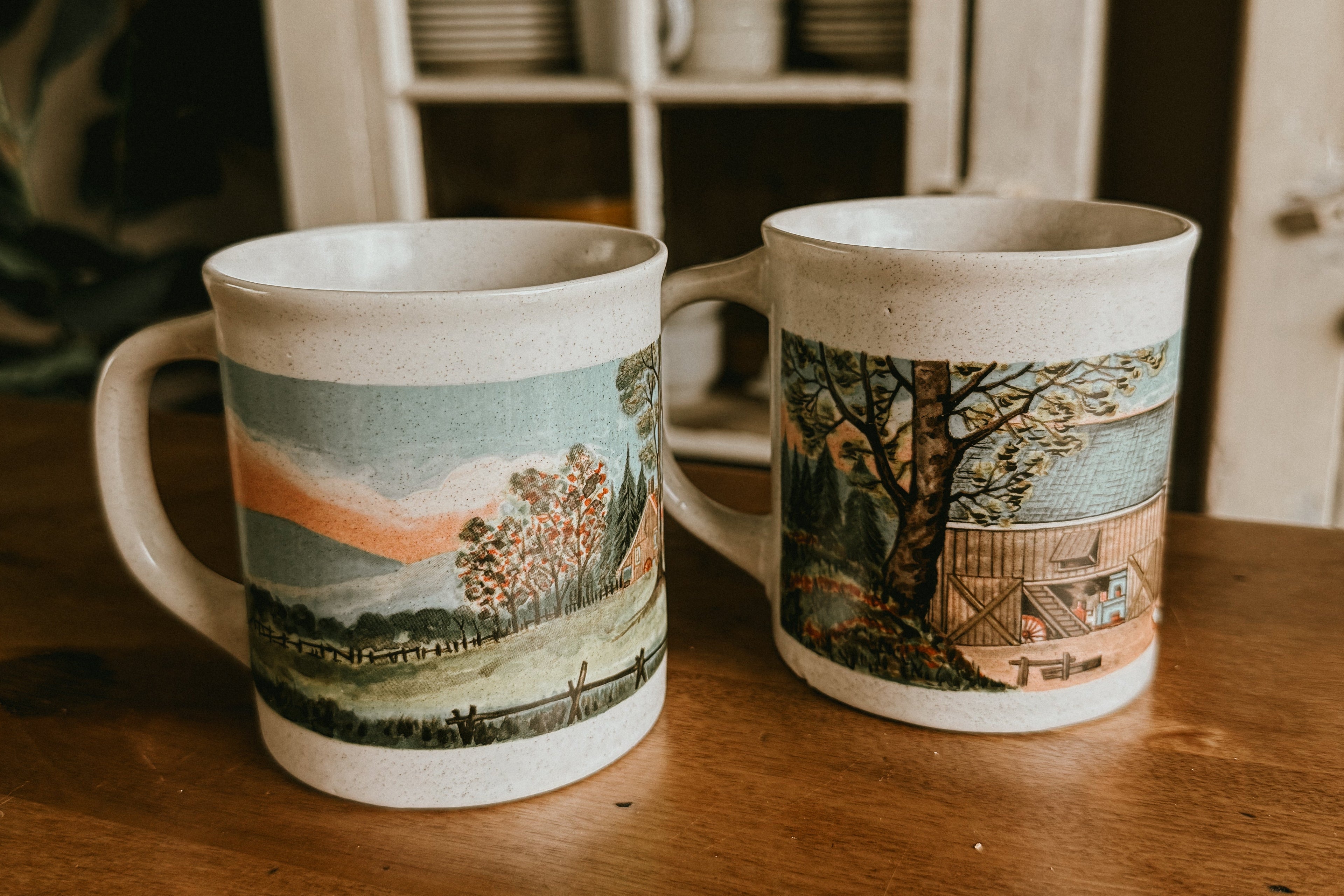 Speckled Stoneware Mugs – Rustic Farmhouse Barn Scene (Set of 2) - Vintage 1980's