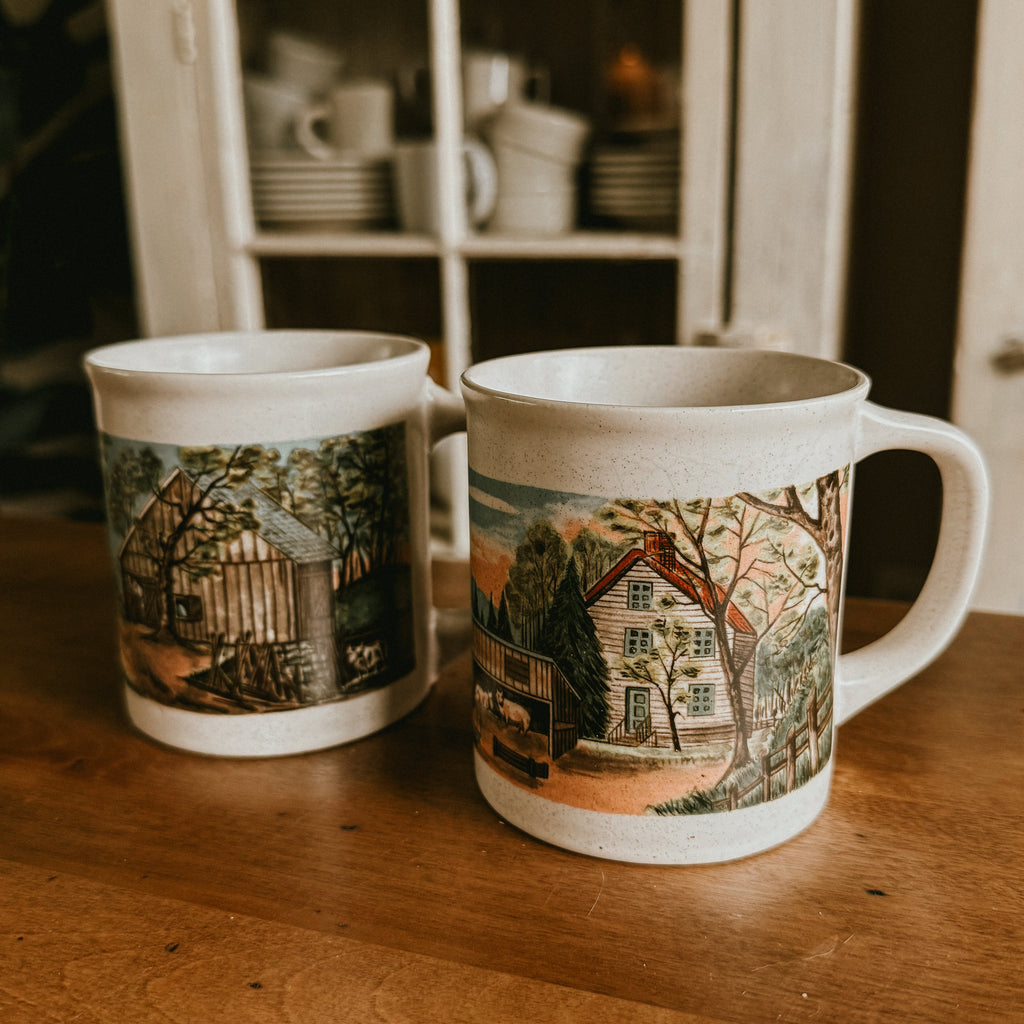 Speckled Stoneware Mugs – Rustic Farmhouse Barn Scene (Set of 2) - Vintage 1980's