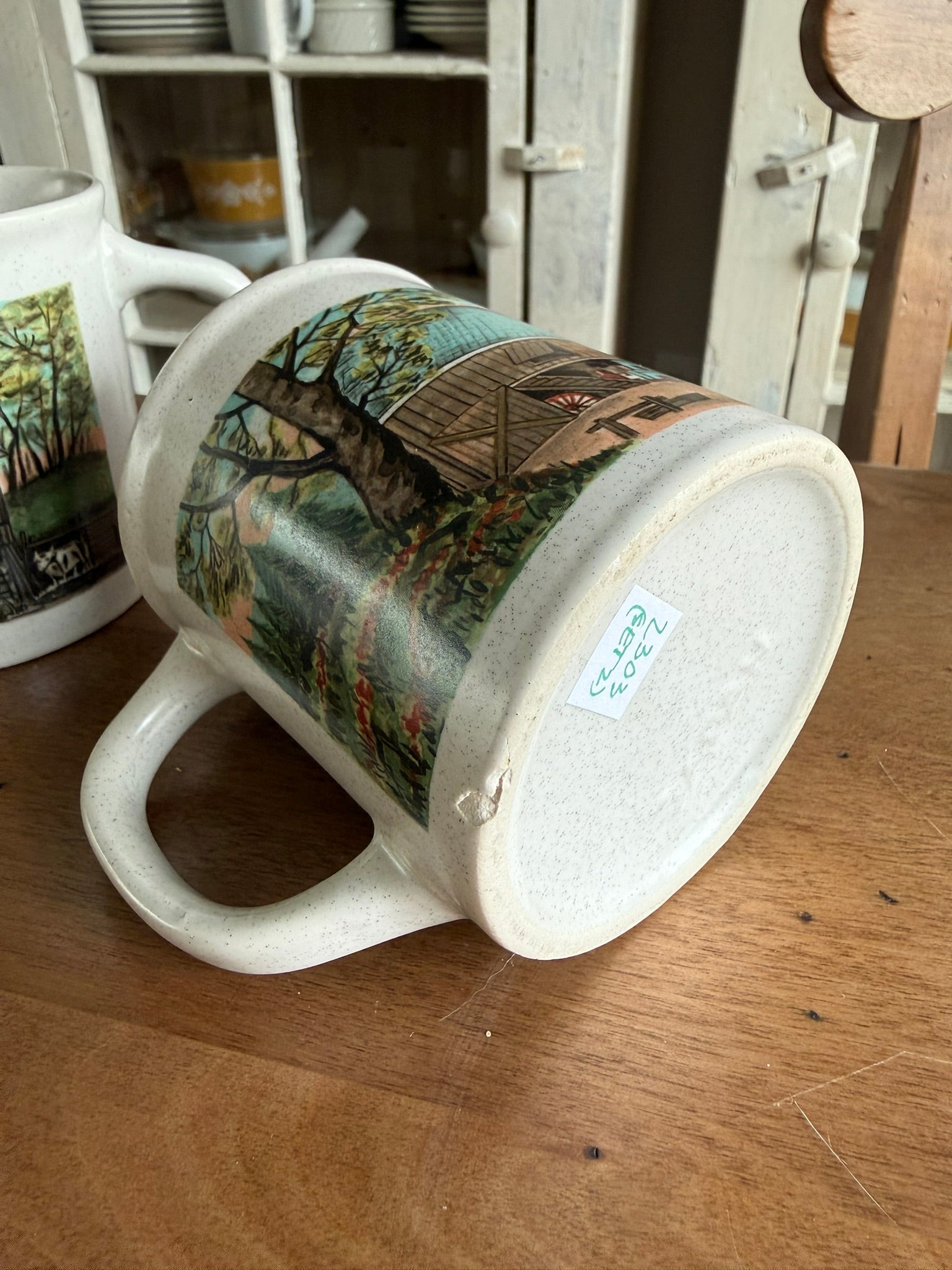 Speckled Stoneware Mugs – Rustic Farmhouse Barn Scene (Set of 2) - Vintage 1980's
