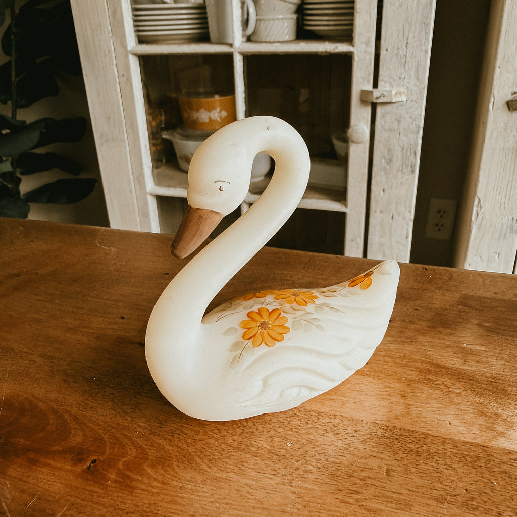 Signed Fenton Cameo Vintage Satin Glass Swan – Hand-Painted Orange Daisies
