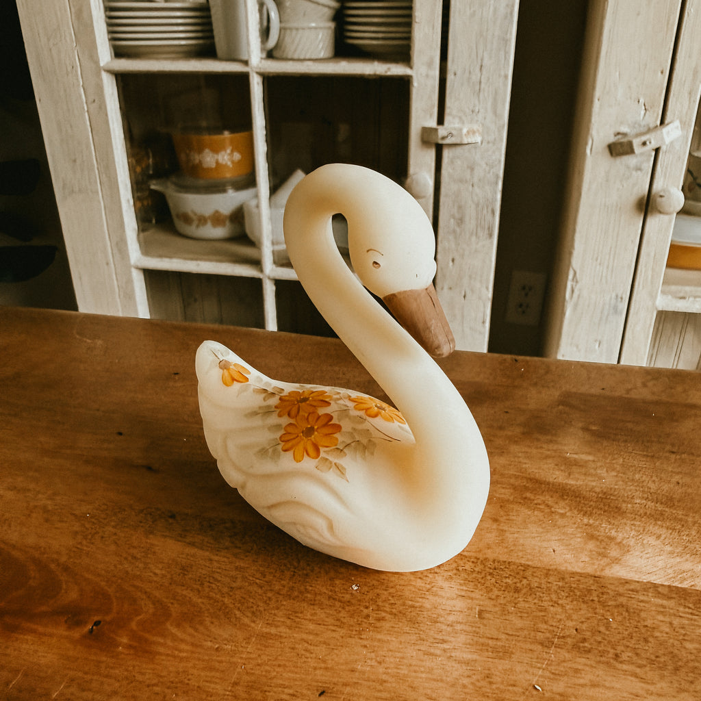 Signed Fenton Cameo Vintage Satin Glass Swan – Hand-Painted Orange Daisies