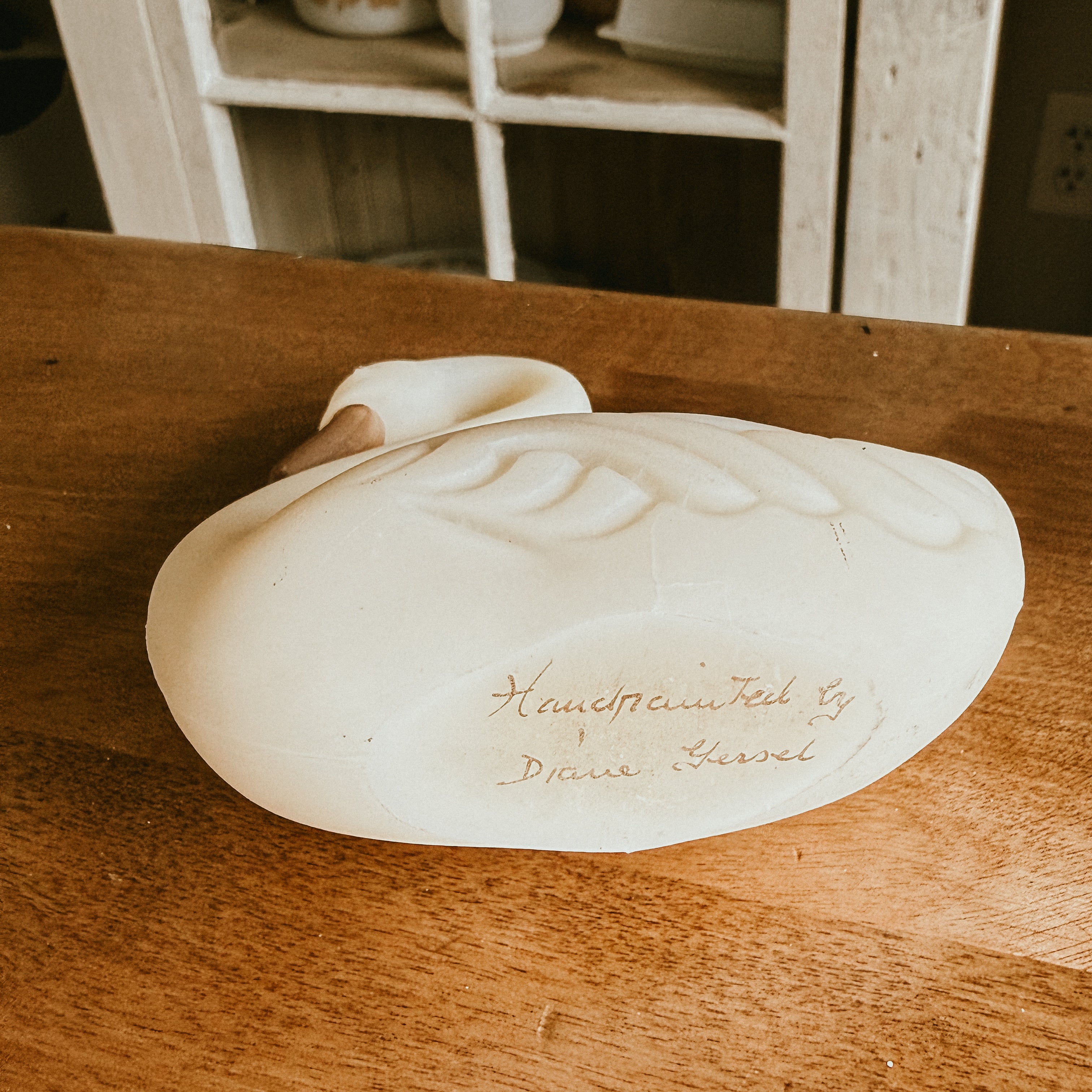 Signed Fenton Cameo Vintage Satin Glass Swan – Hand-Painted Orange Daisies