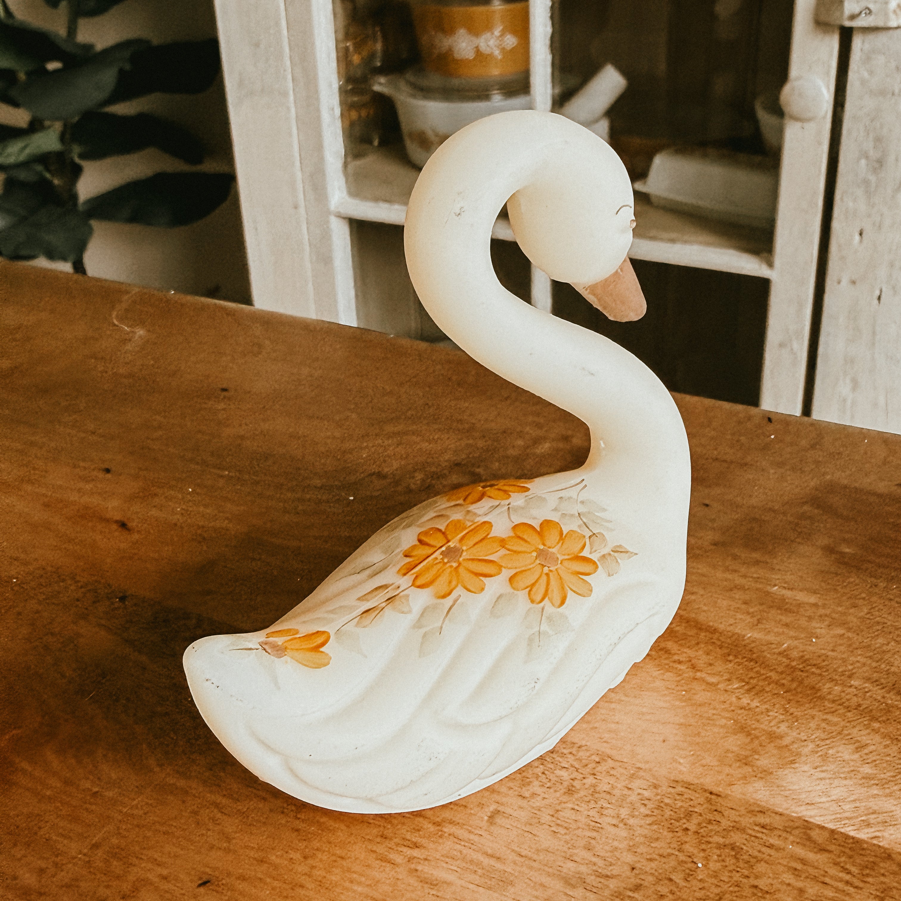 Signed Fenton Cameo Vintage Satin Glass Swan – Hand-Painted Orange Daisies
