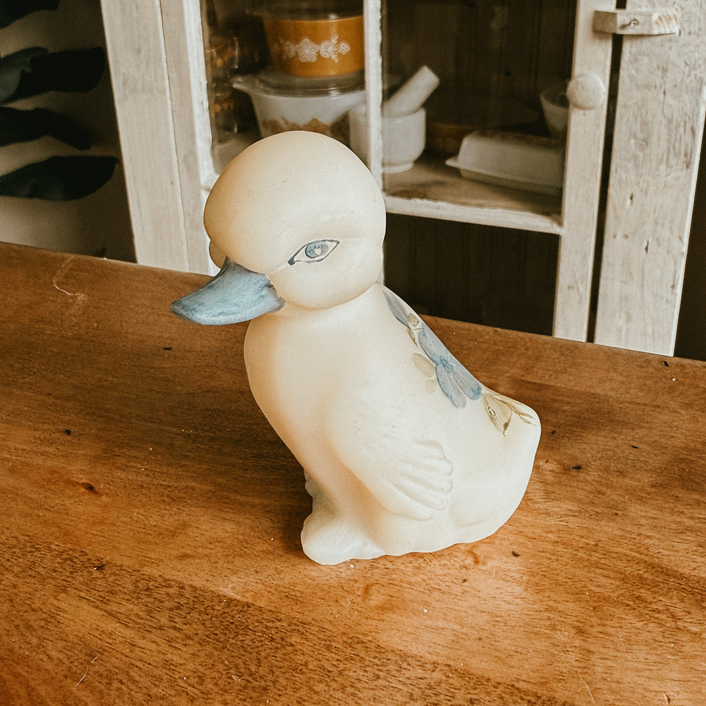 Fenton Cameo Satin Duck Figurine with Blue Flowers – Collectible Art Glass