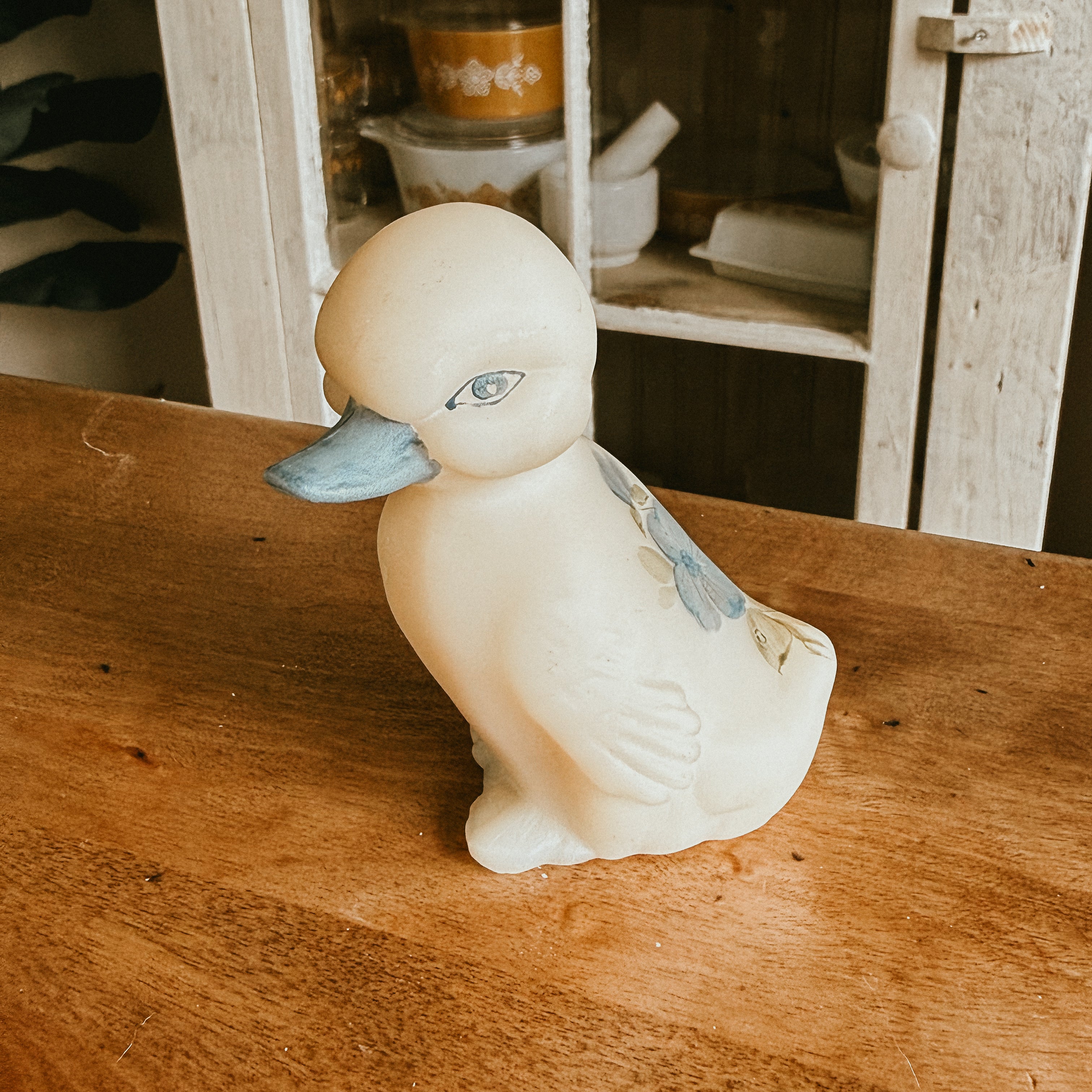 Fenton Cameo Satin Duck Figurine with Blue Flowers – Collectible Art Glass