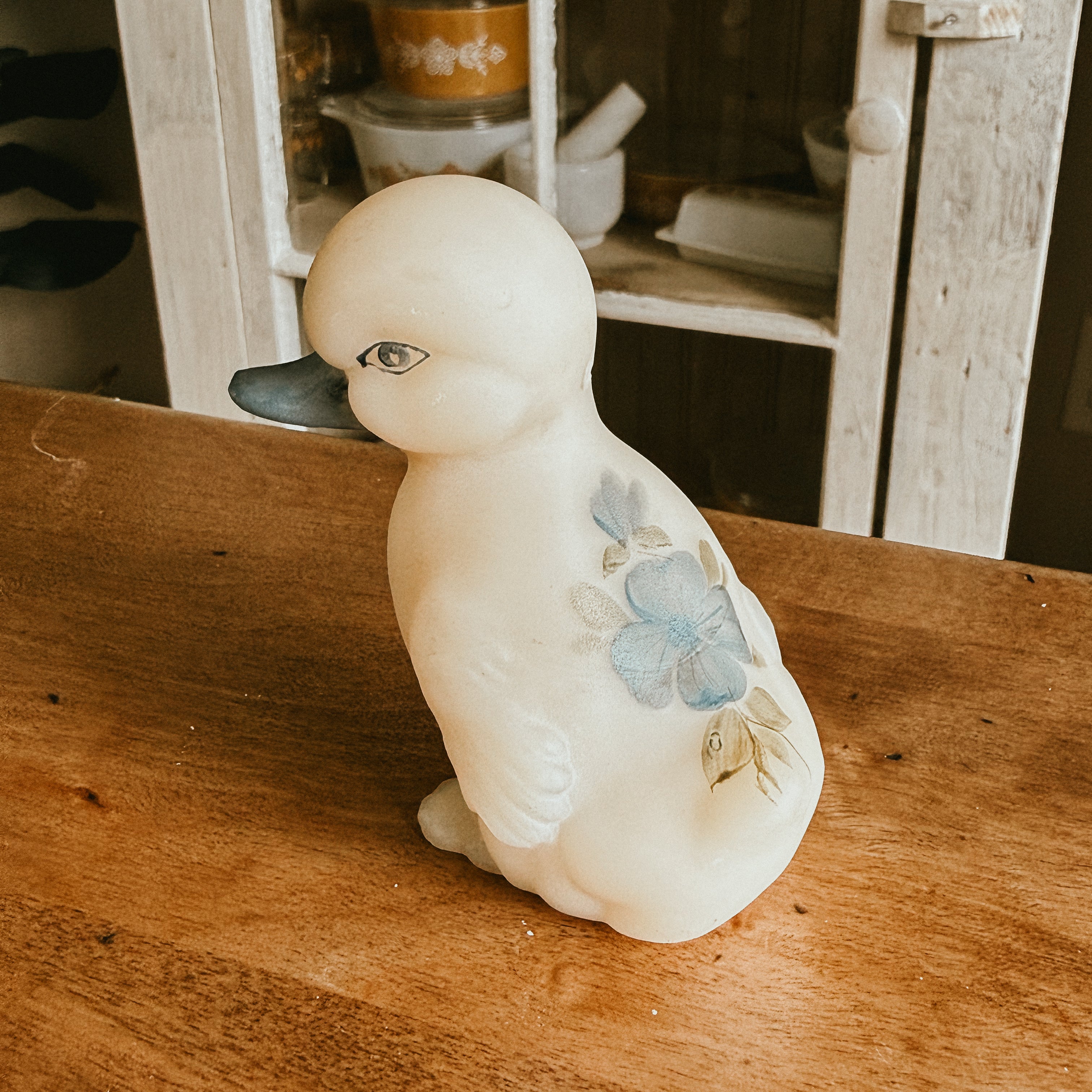 Fenton Cameo Satin Duck Figurine with Blue Flowers – Collectible Art Glass