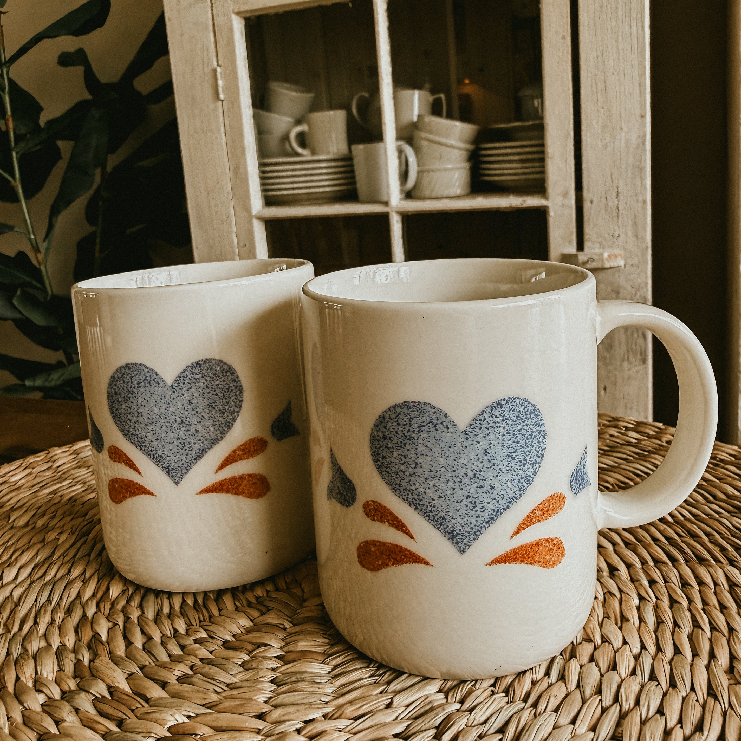 Jay Imports Vintage "Blue Heart" Stoneware Mugs - Set of 2 - Farmhouse Spongeware with Rust Accents