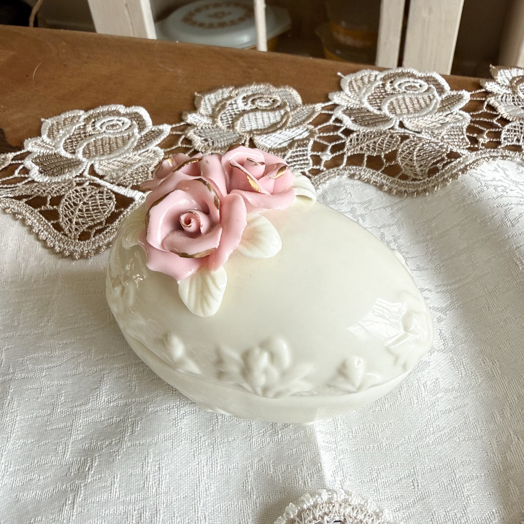 Porcelain Egg-Shaped Vintage Trinket Box – Applied Pink Roses with Gold Trim – Victorian Style Jewelry Casket