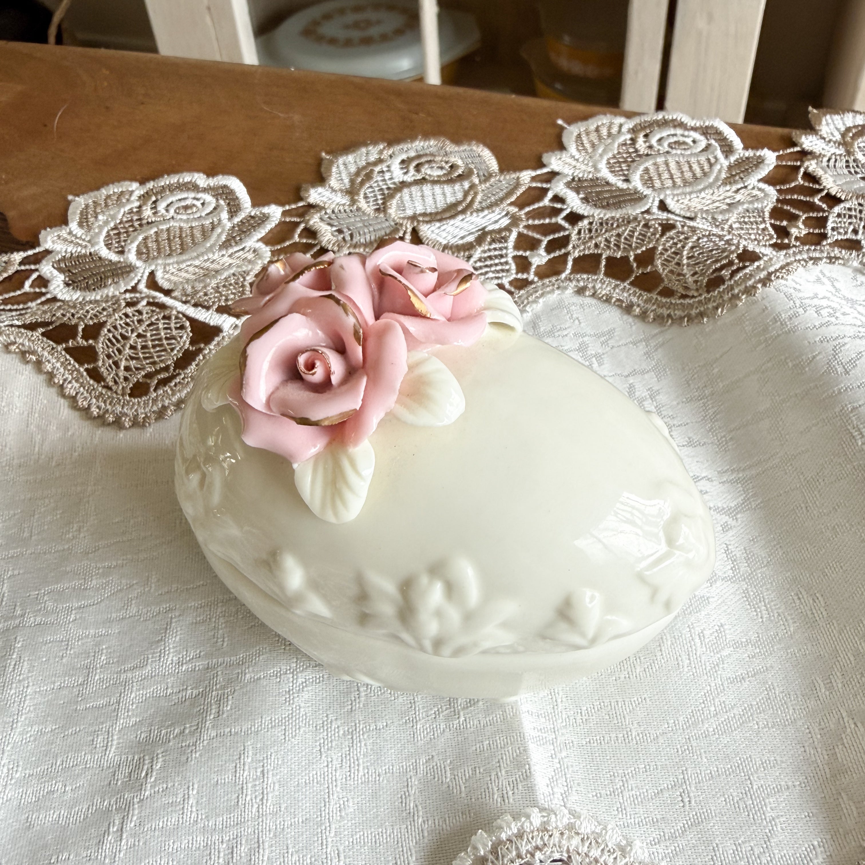 Porcelain Egg-Shaped Vintage Trinket Box – Applied Pink Roses with Gold Trim – Victorian Style Jewelry Casket
