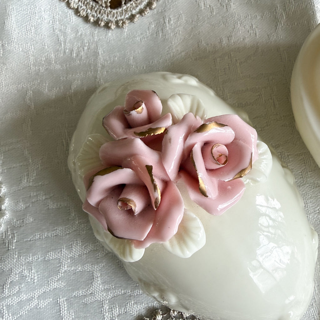 Porcelain Egg-Shaped Vintage Trinket Box – Applied Pink Roses with Gold Trim – Victorian Style Jewelry Casket