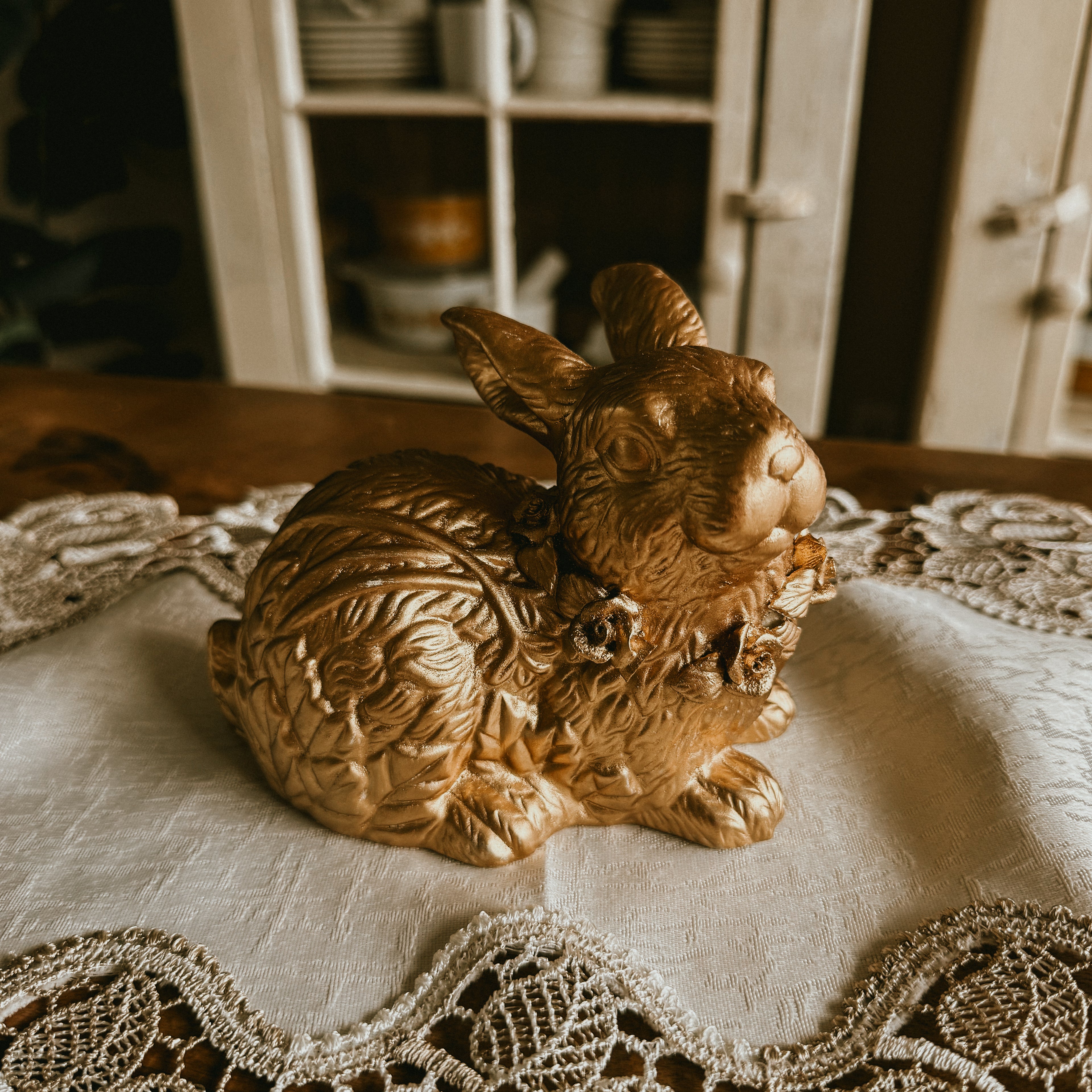Gilded Gold Resin Bunny Figurine with Rose Collar - Vintage Style - Cottage Core Spring Decor