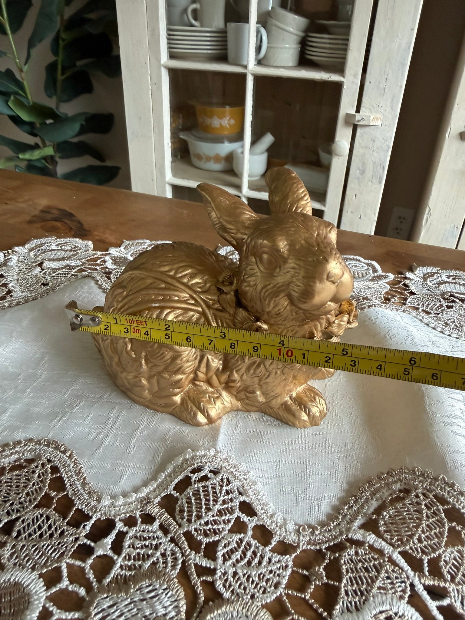 Gilded Gold Resin Bunny Figurine with Rose Collar - Vintage Style - Cottage Core Spring Decor