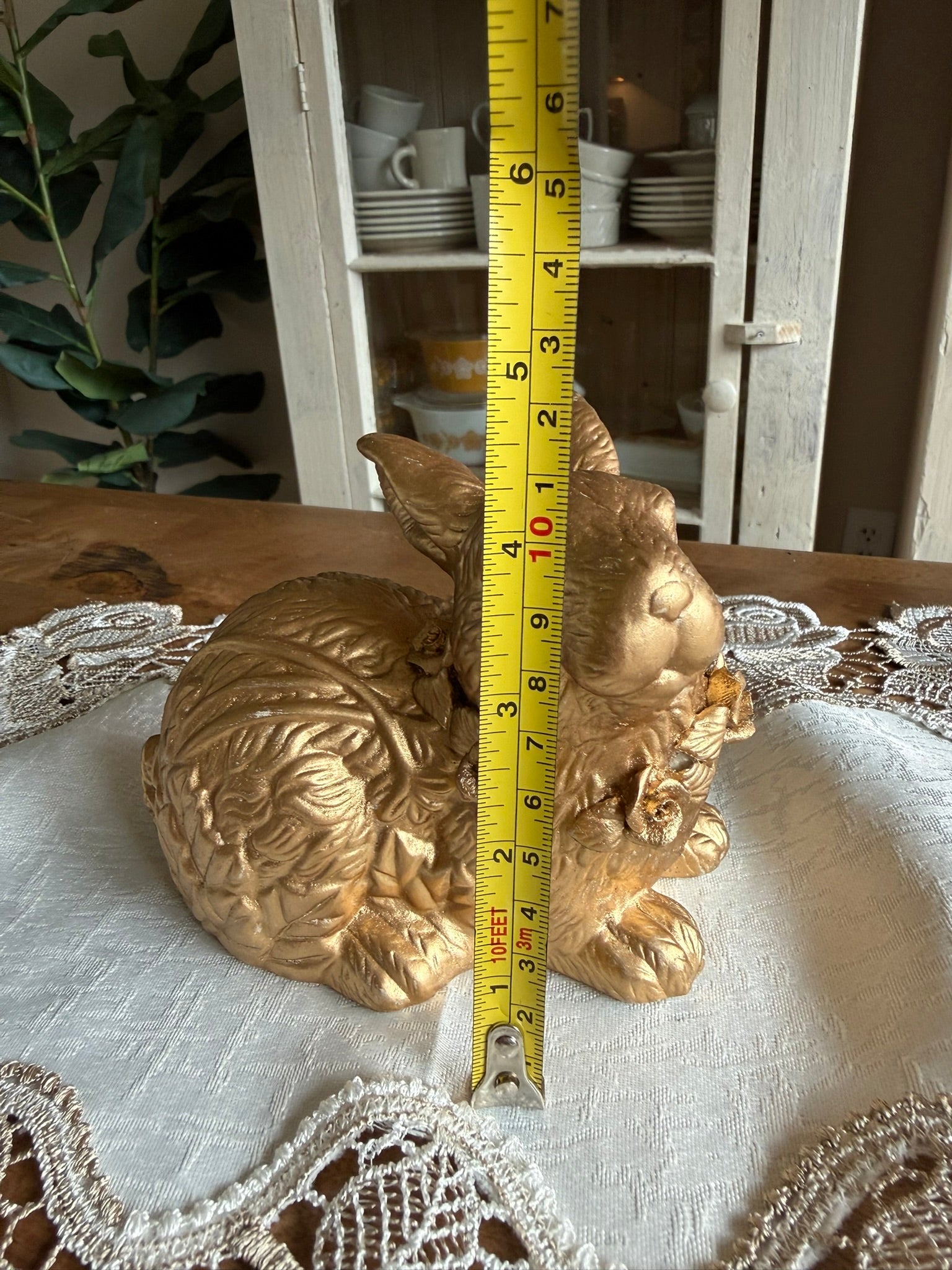 Gilded Gold Resin Bunny Figurine with Rose Collar - Vintage Style - Cottage Core Spring Decor