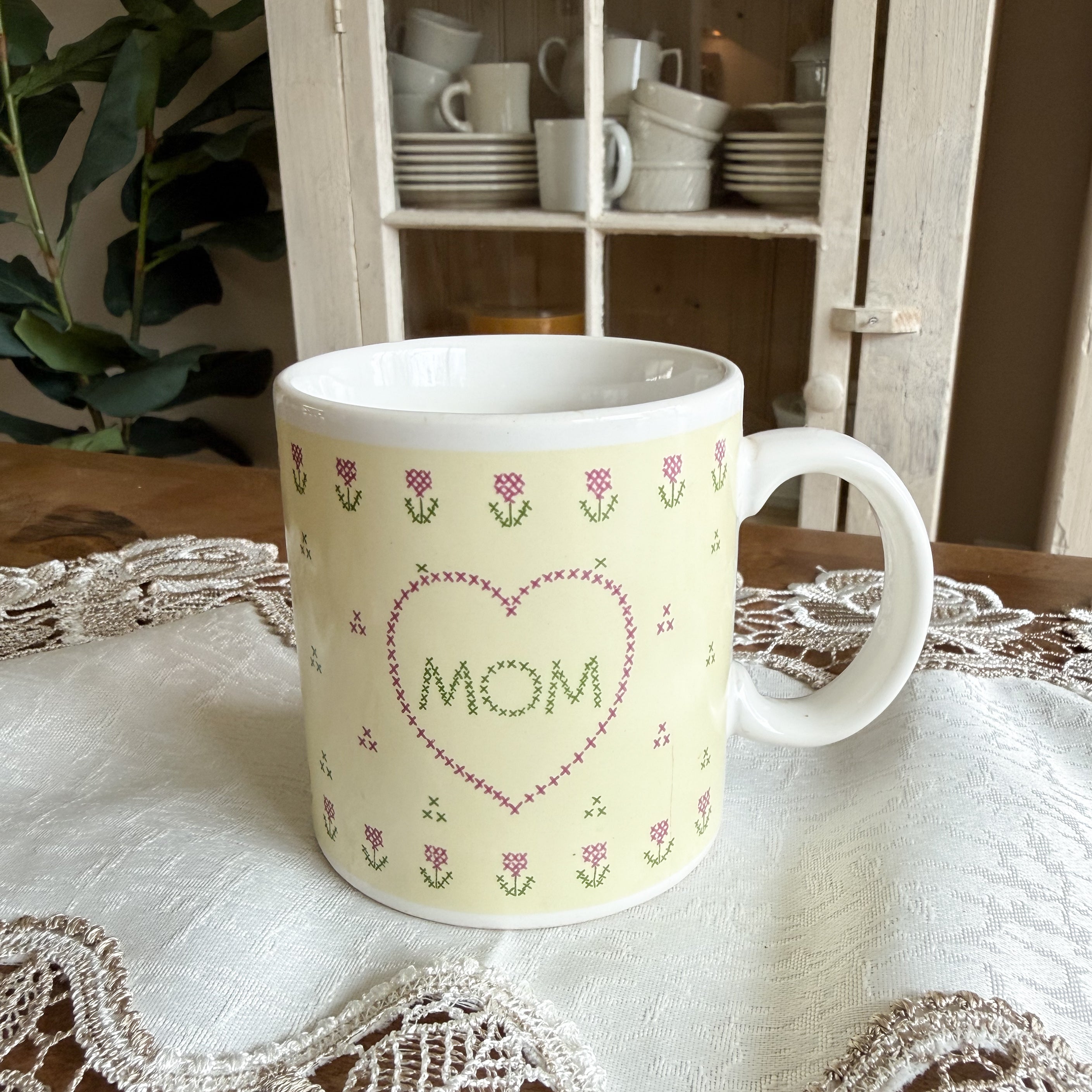 MOM Cross-Stitch Style Floral Mug - Vintage
