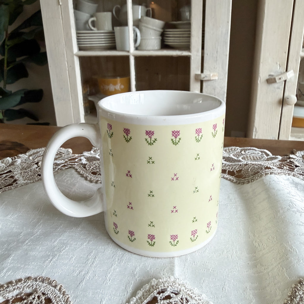 MOM Cross-Stitch Style Floral Mug - Vintage