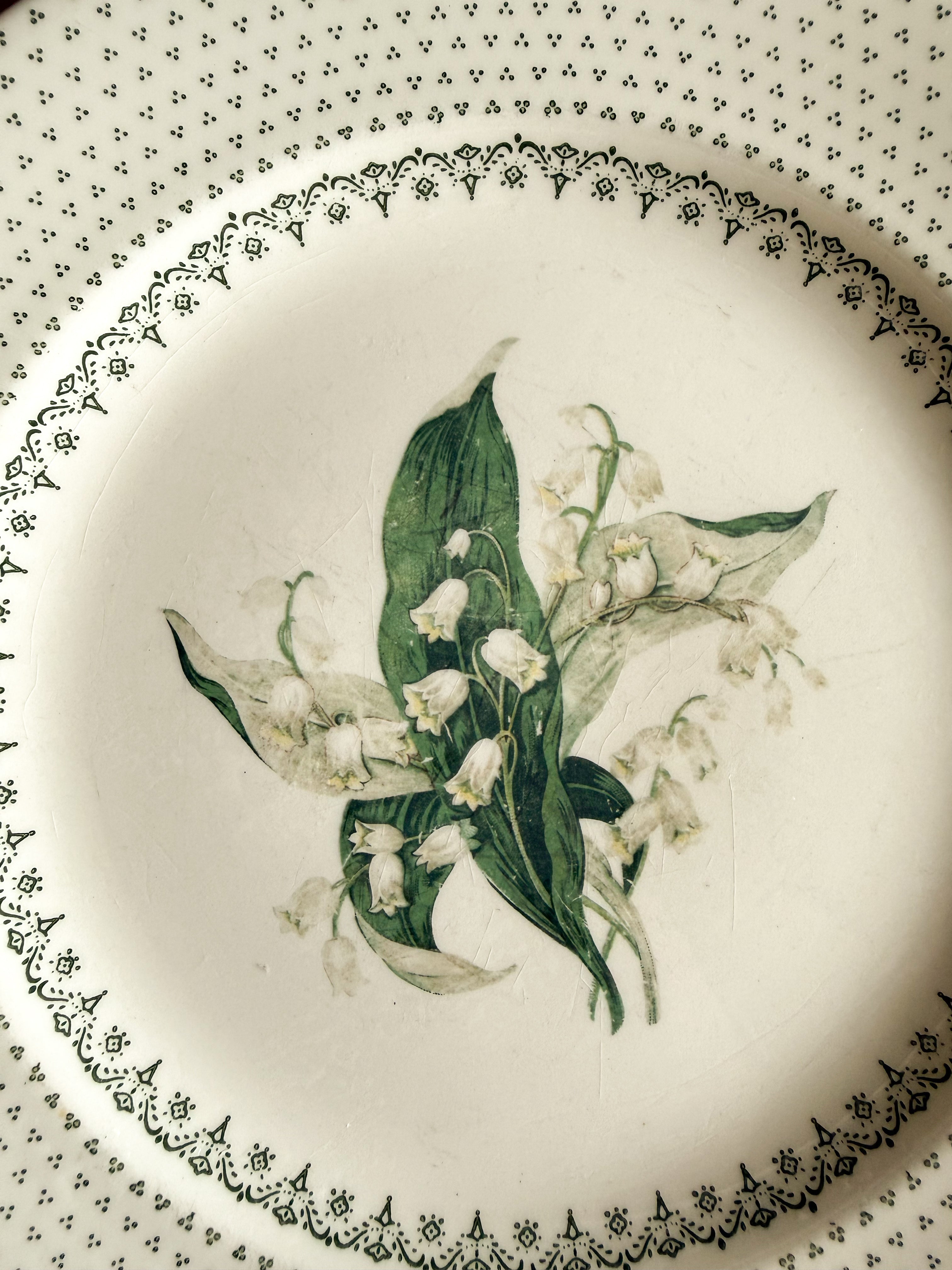 Close-up detail of the Royal China Waverly plate pattern featuring delicate Lily of the Valley flowers and dotted rim