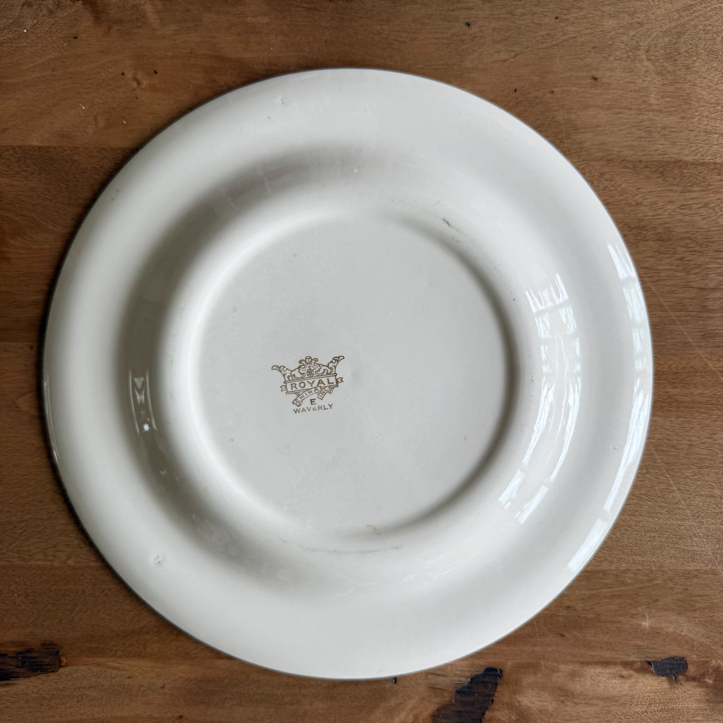 Backstamp of Royal China Waverly dinner plate showing the Royal China Inc. logo with 'E' and 'WAVERLY' markings