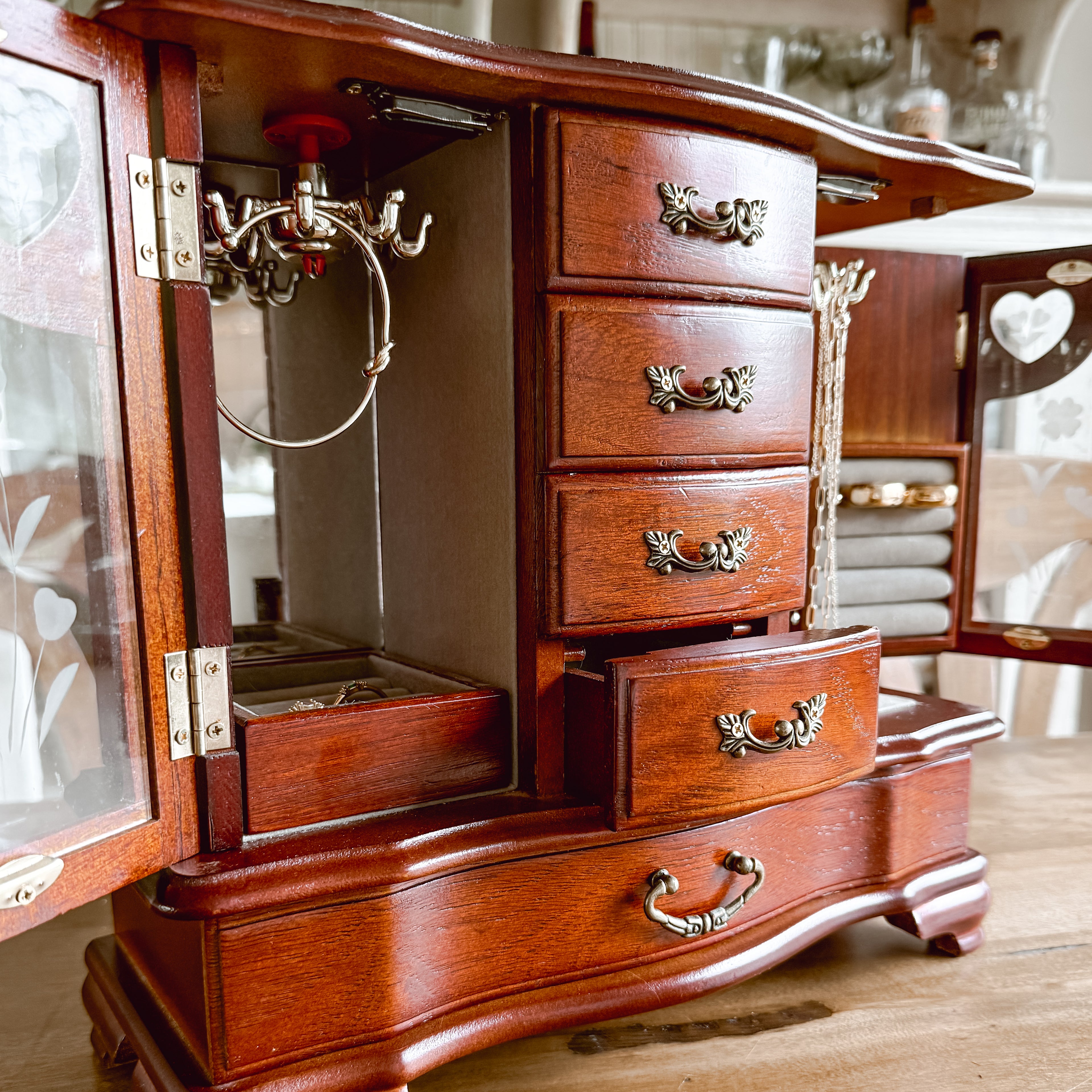 Wooden Tabletop Vintage Jewelry Armoire - Heart Etched Glass Doors & Rotating Necklace Carousel