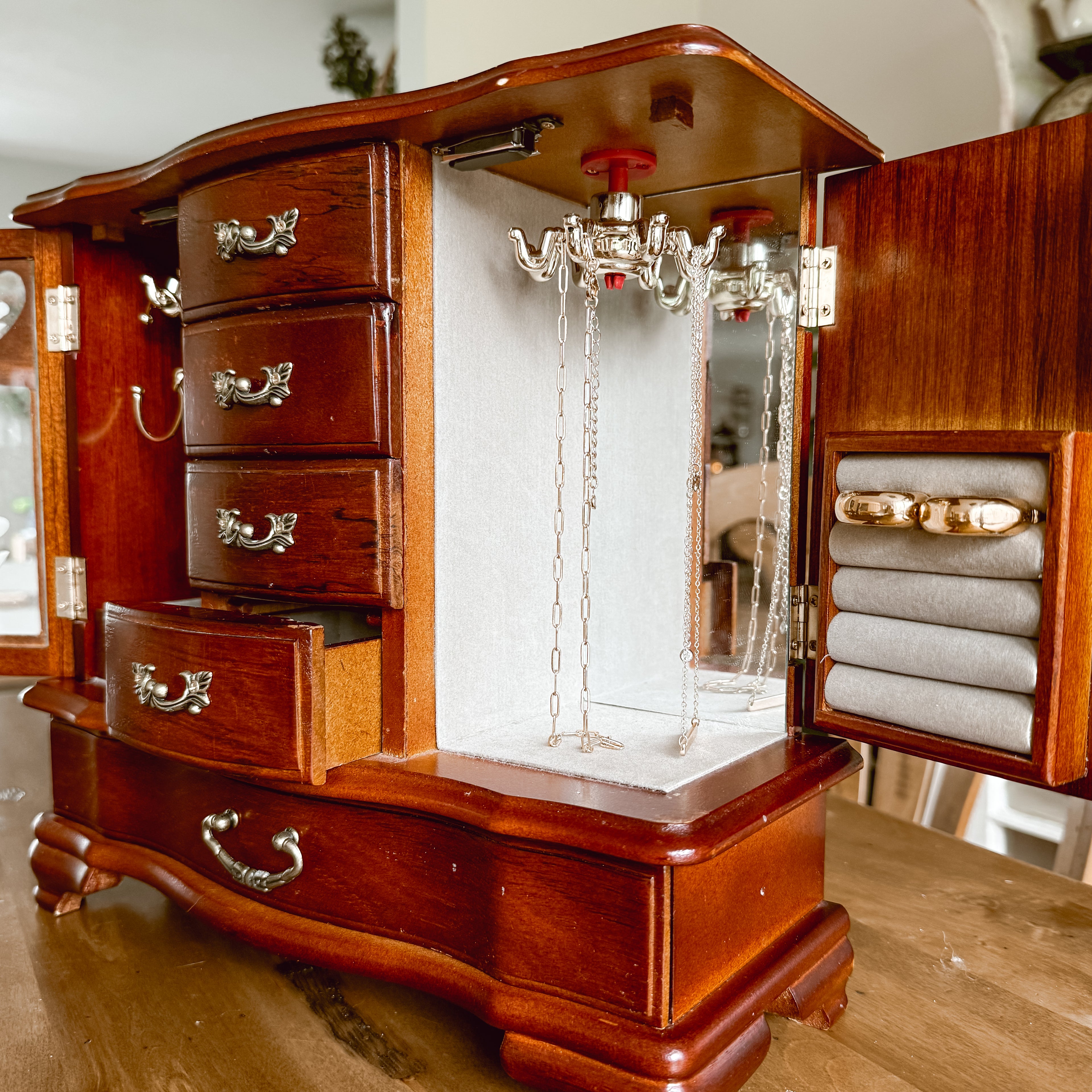 Wooden Tabletop Vintage Jewelry Armoire - Heart Etched Glass Doors & Rotating Necklace Carousel
