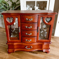 Wooden Tabletop Vintage Jewelry Armoire - Heart Etched Glass Doors & Rotating Necklace Carousel