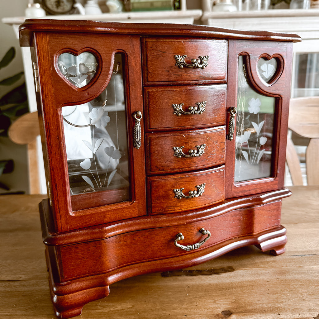 Wooden Tabletop Vintage Jewelry Armoire - Heart Etched Glass Doors & Rotating Necklace Carousel