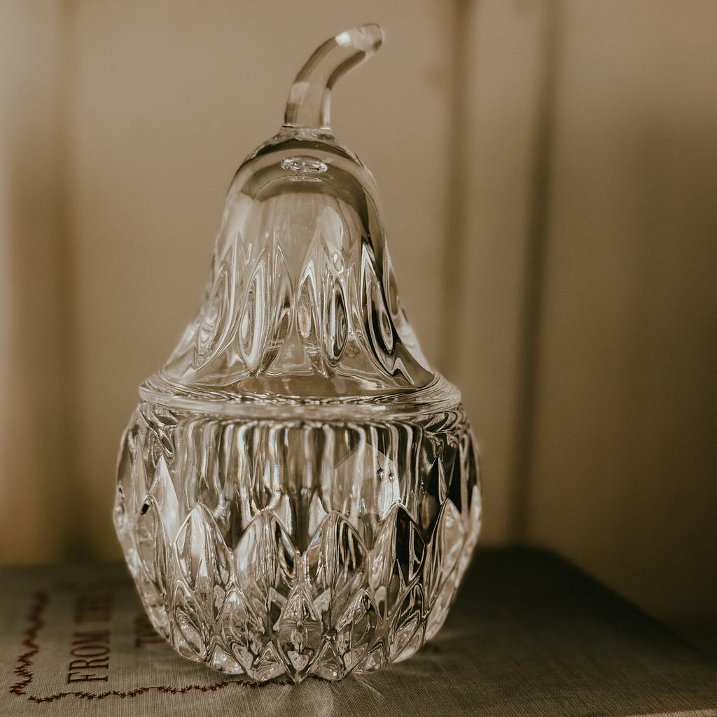Cut Crystal Pear Trinket Jar | 6" Lead Crystal Vintage Candy Dish or Jam Jar with Lid