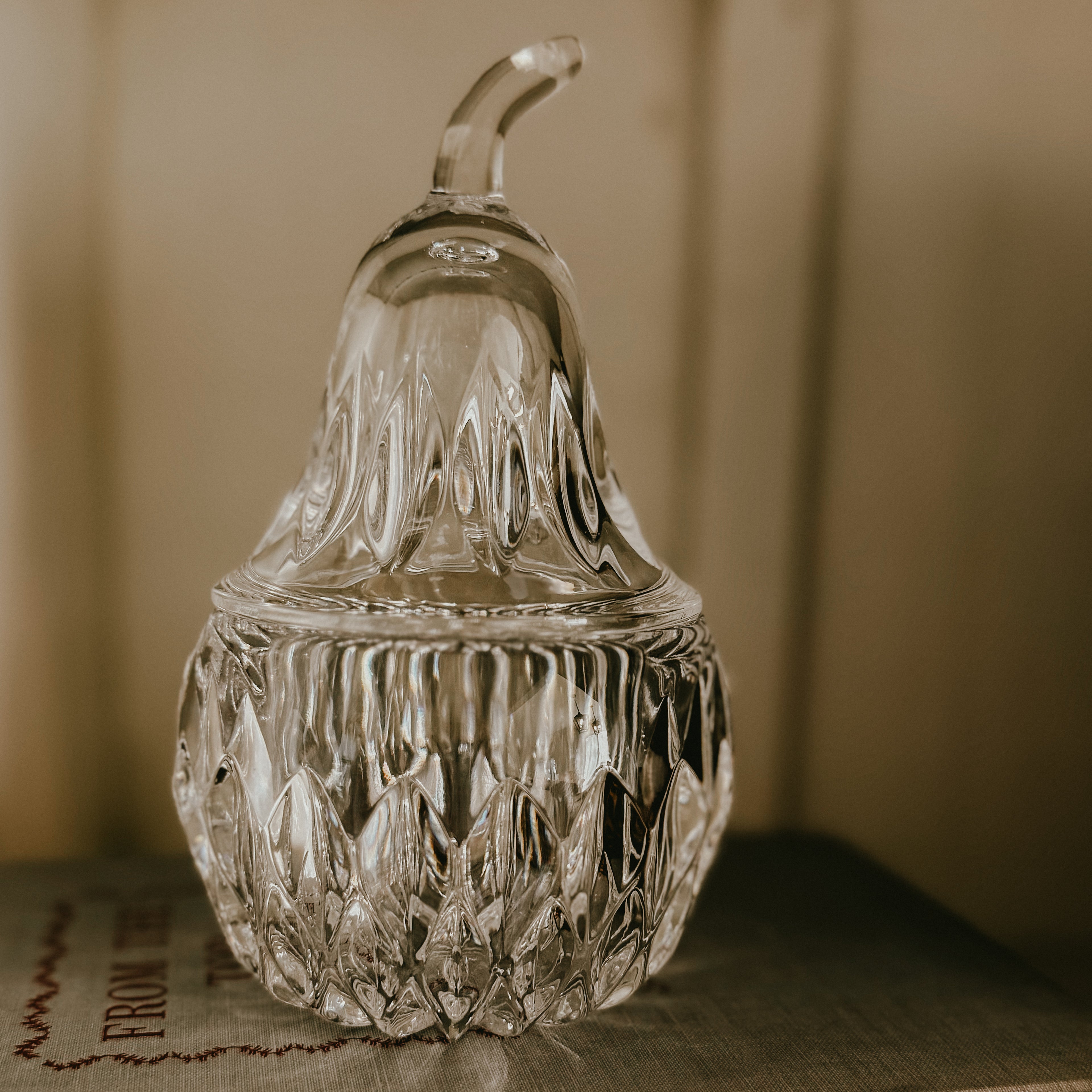 Cut Crystal Pear Trinket Jar | 6" Lead Crystal Vintage Candy Dish or Jam Jar with Lid