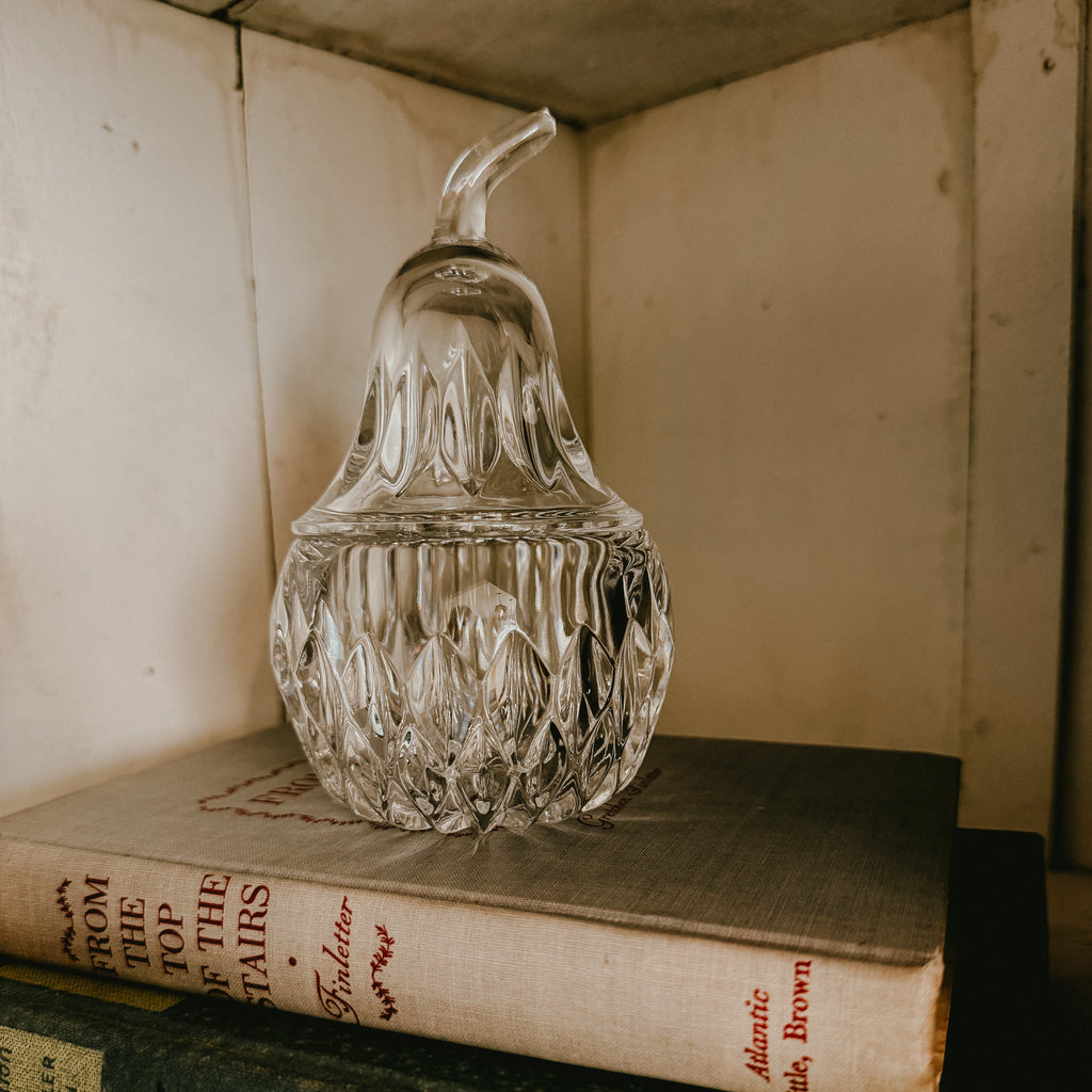 Cut Crystal Pear Trinket Jar | 6" Lead Crystal Vintage Candy Dish or Jam Jar with Lid